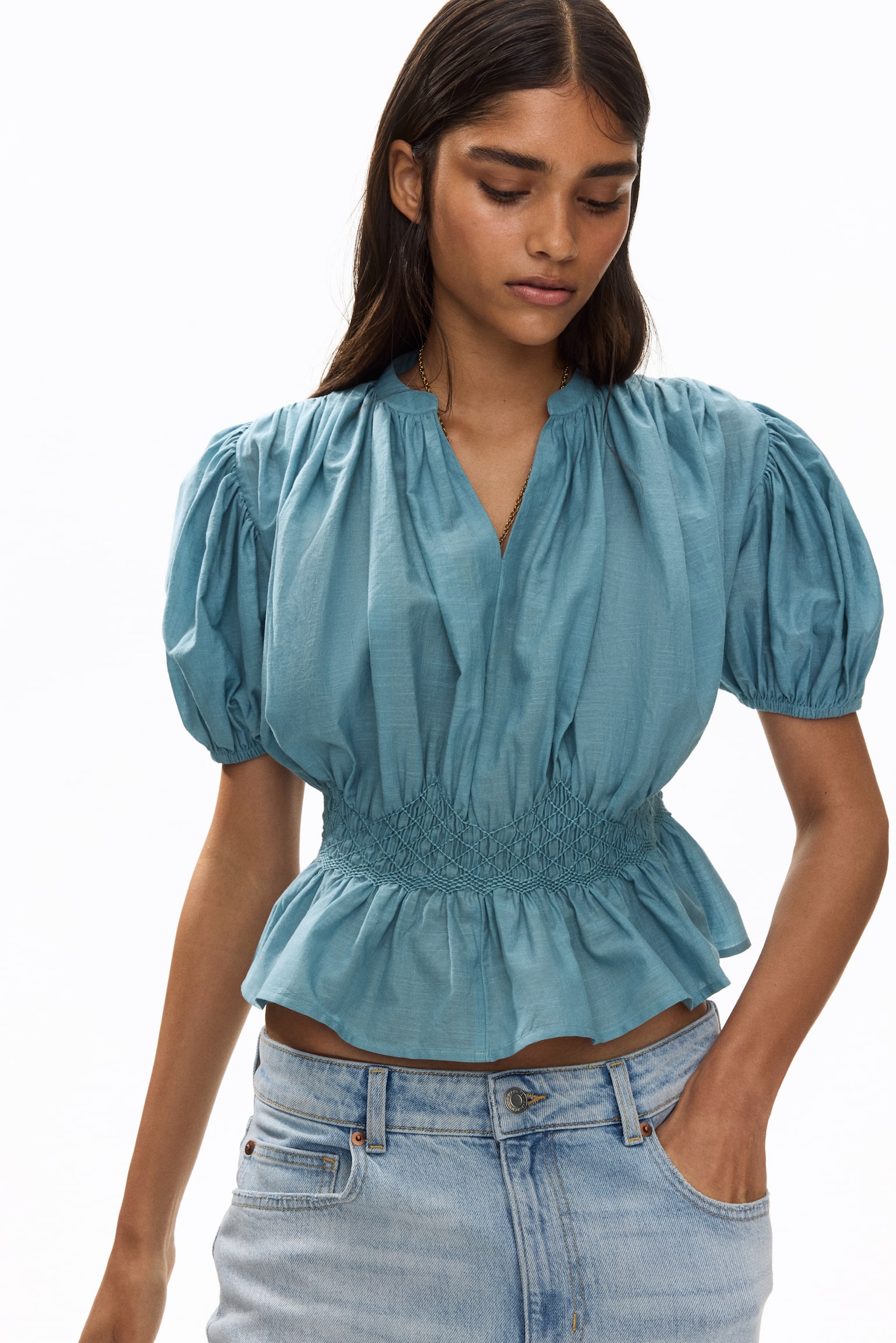 Embroidered cotton blouse - Dusty turquoise - 1