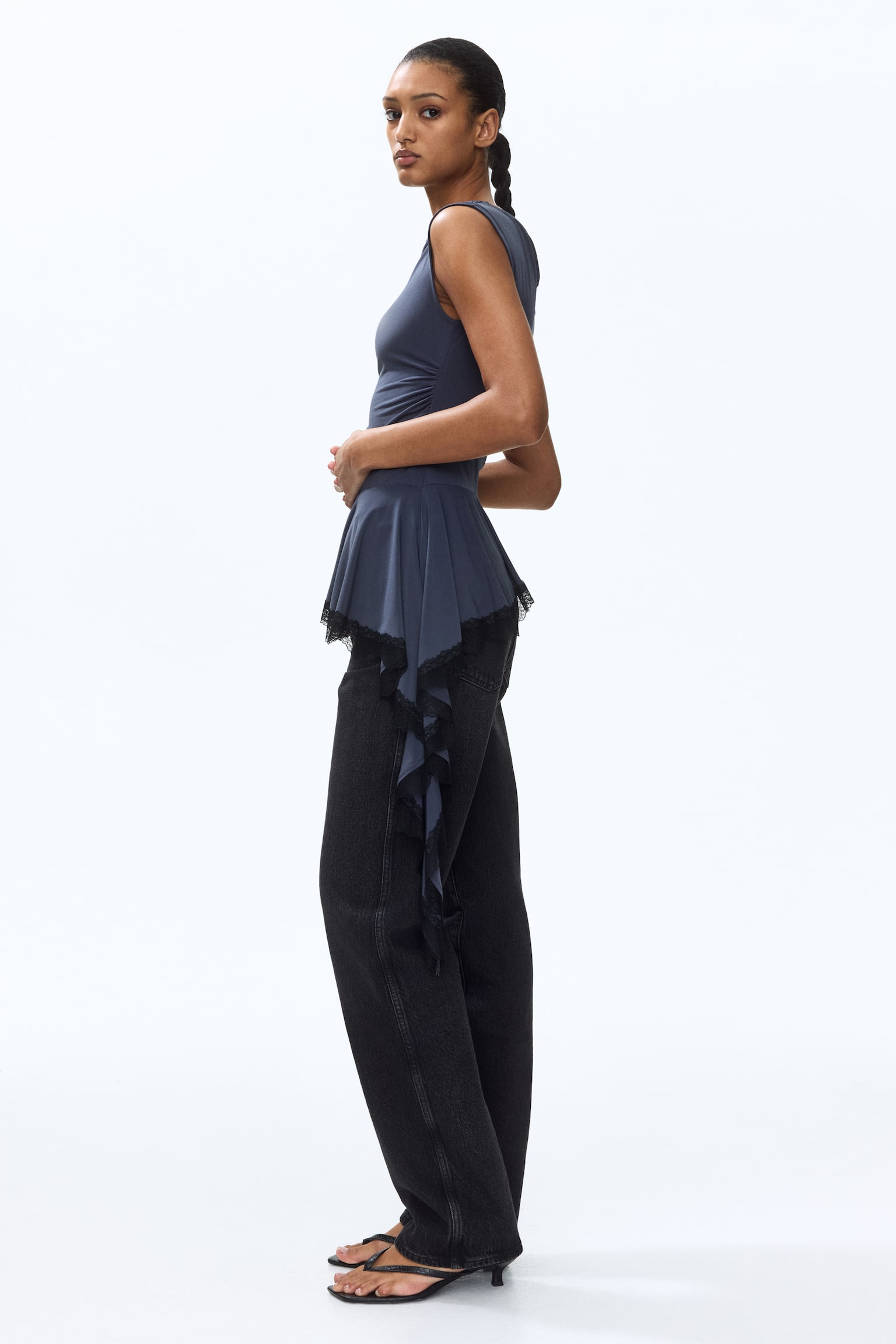 Lace-trimmed top - Dark grey/Dark brown - 1