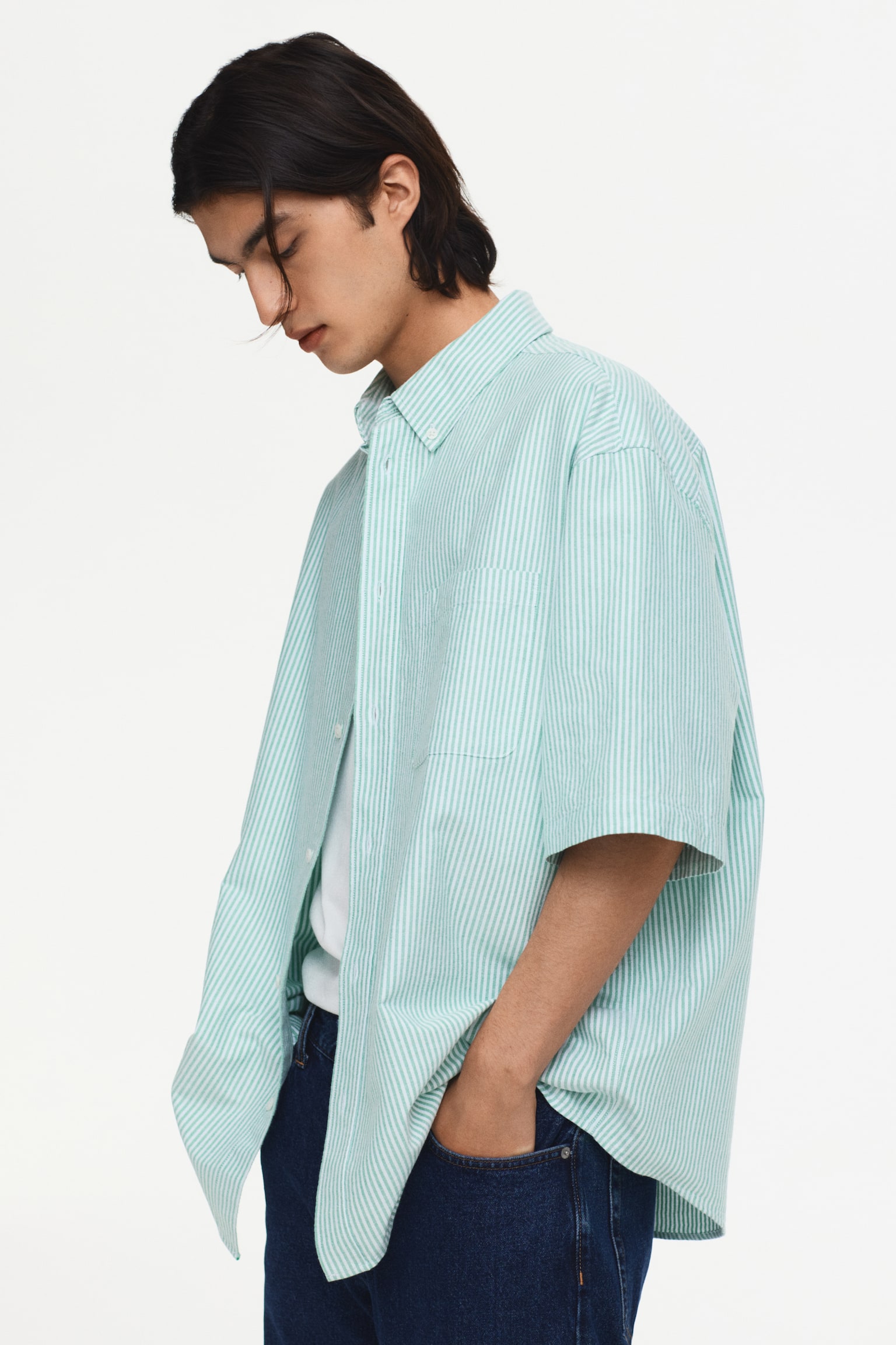 Relaxed Fit Short-sleeved Oxford shirt - Green/Striped/Dark blue/Dark green/White - 5