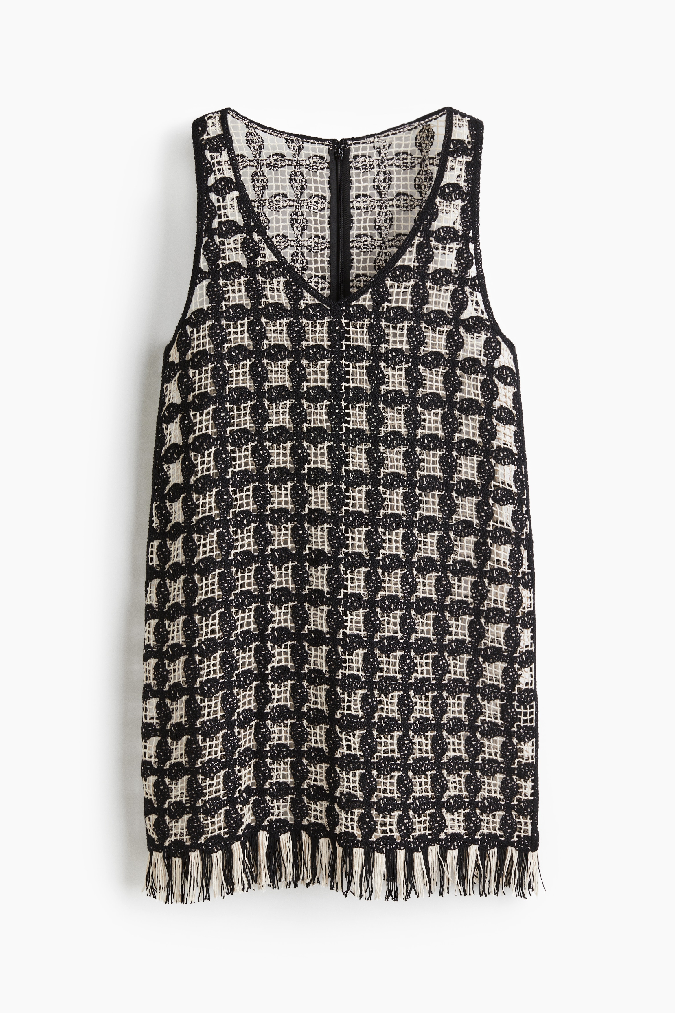 Dzianinowa sukienka z frędzlami - Czarny/Krata