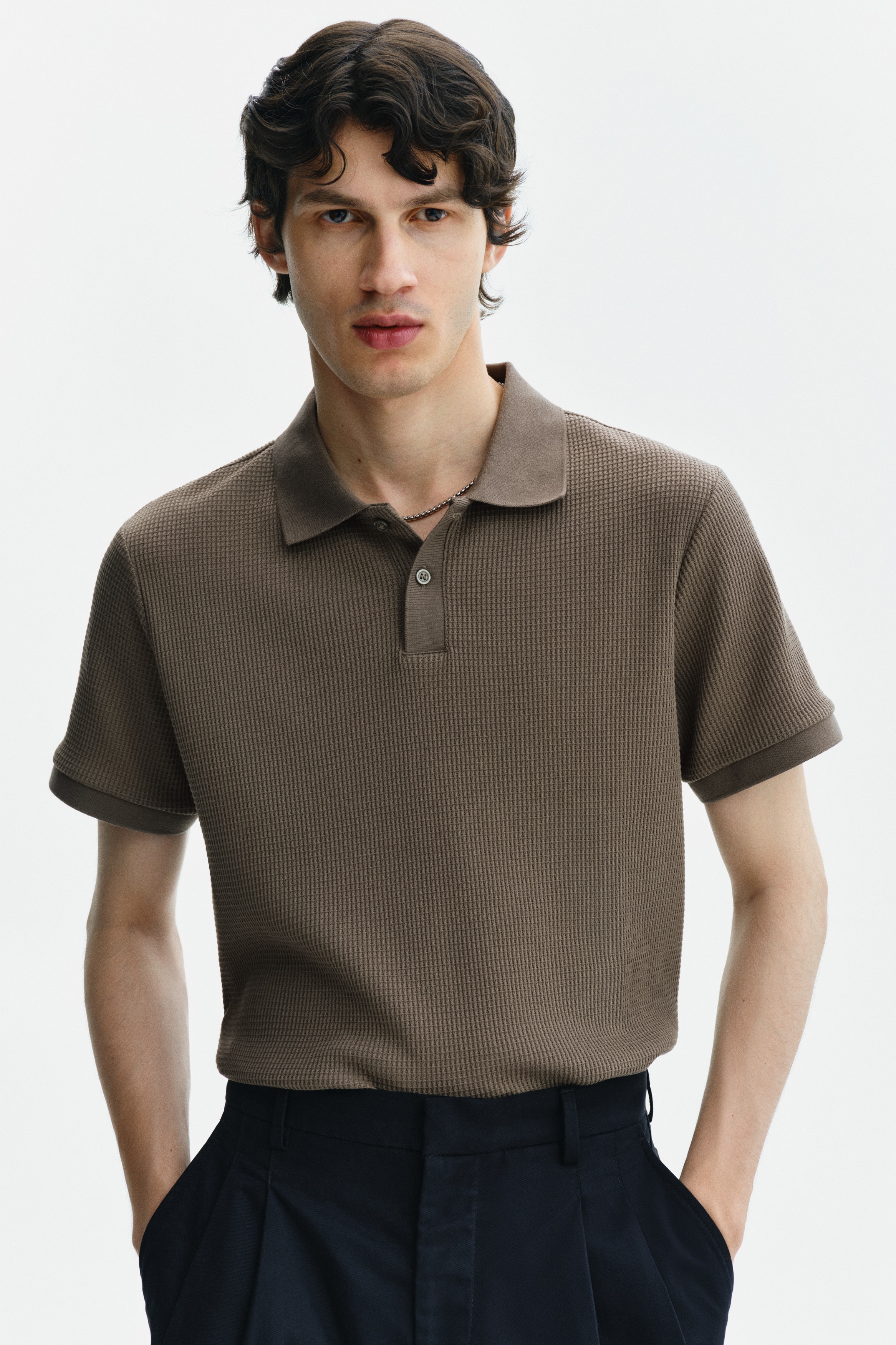 Polo majica vafl tkanja Slim Fit - Tamna sivosmeđa/Tamnosmeđa/Krem/Crna