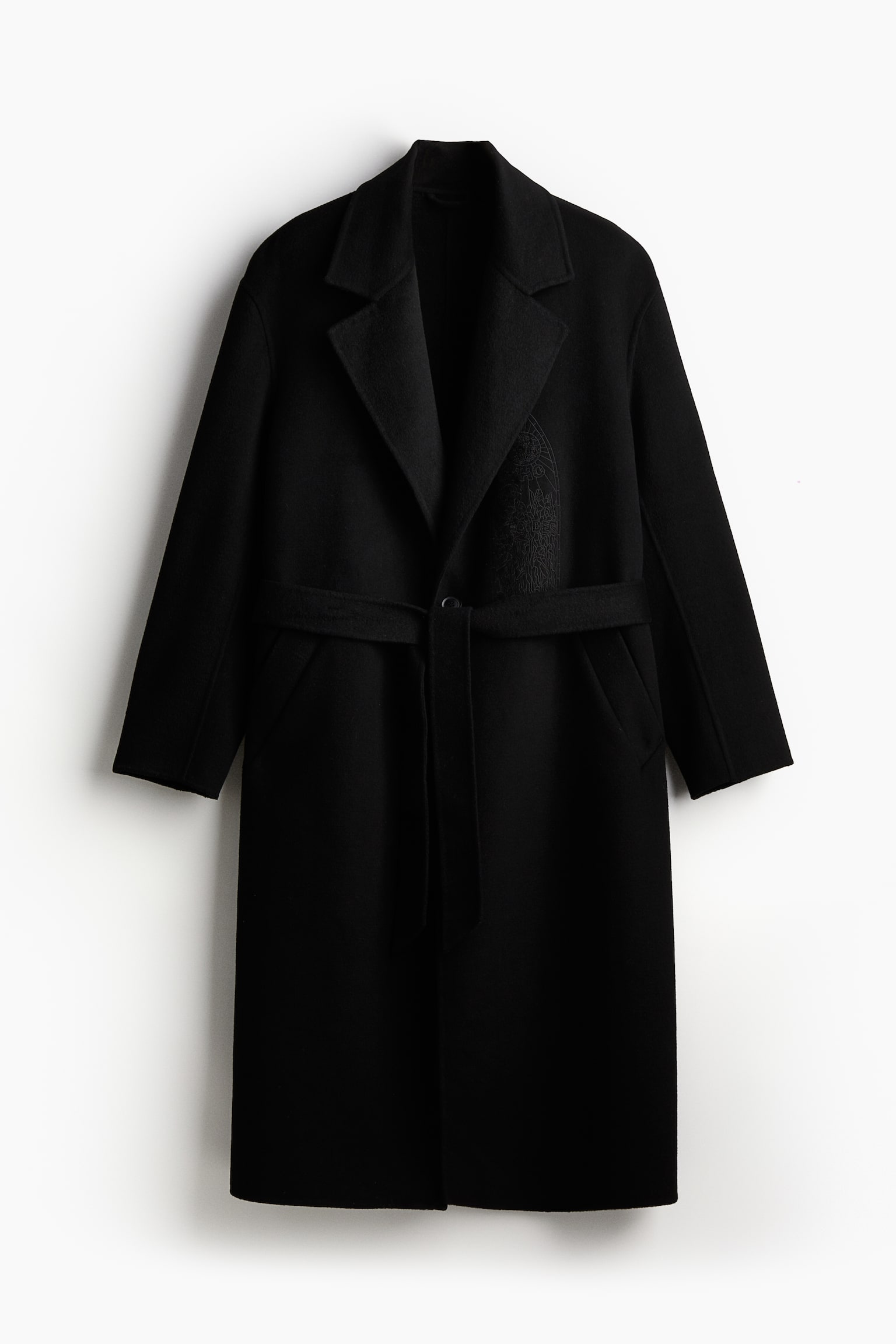 Loose Fit Wool Blend Tie Belt Coat - Black/Basquiat - 1