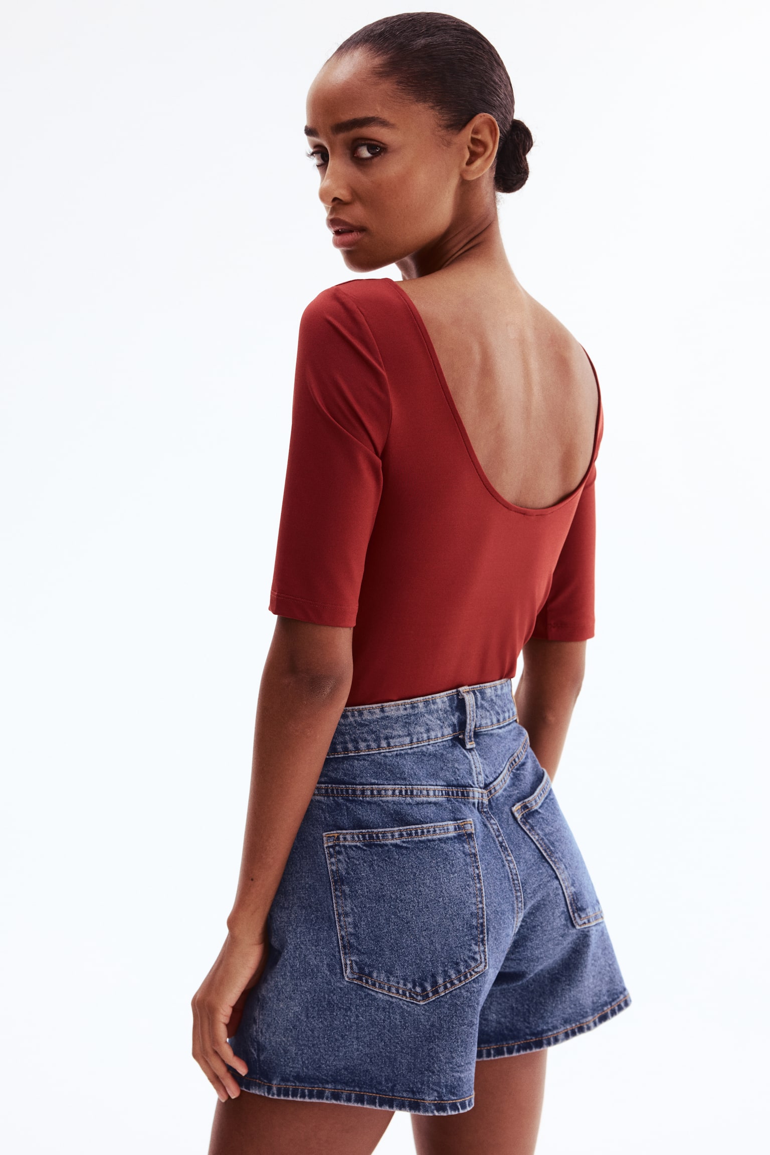 Top con cuello bailarina - Rojo oscuro/Blanco/Verde caqui tenue/Café oscuro - 3