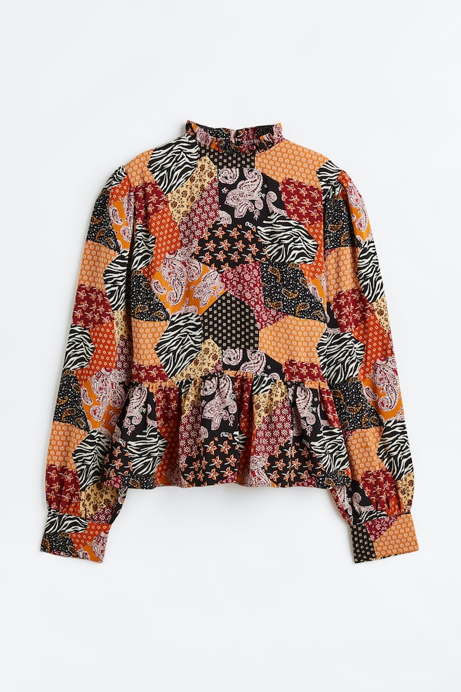 Frill-collared blouse - Orange/Patterned - 1