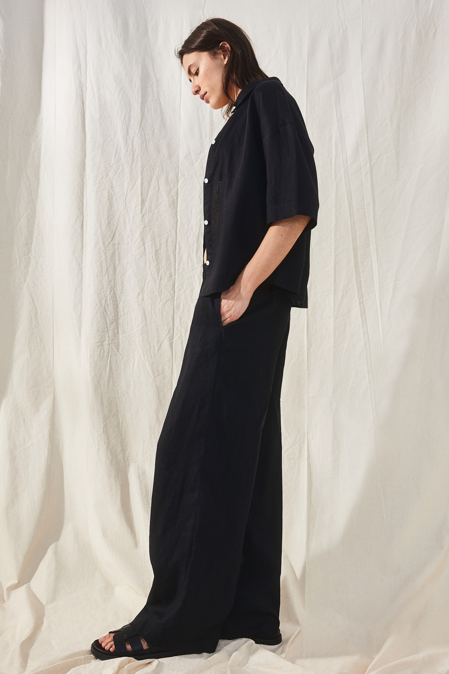 Wide Linen Pants - Black/Light beige - 3