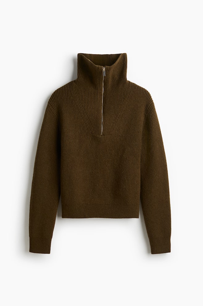 Rib-Knit Half-Zip Sweater - Dark khaki green/Light yellow/Cream - 1