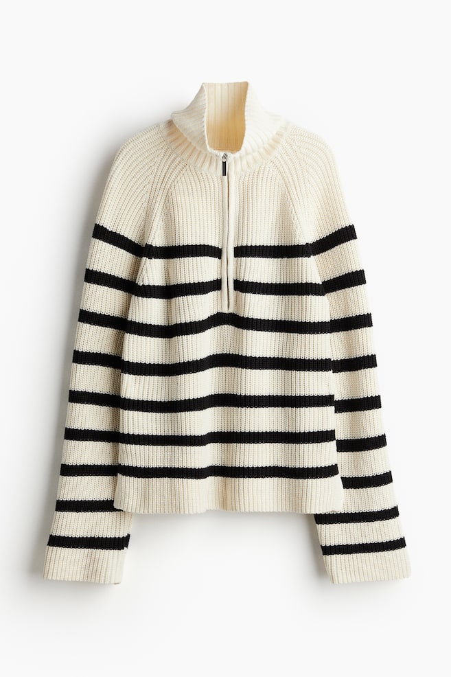 Jersey de canalé con media cremallera - Crema/Rayas/Beige claro - 1