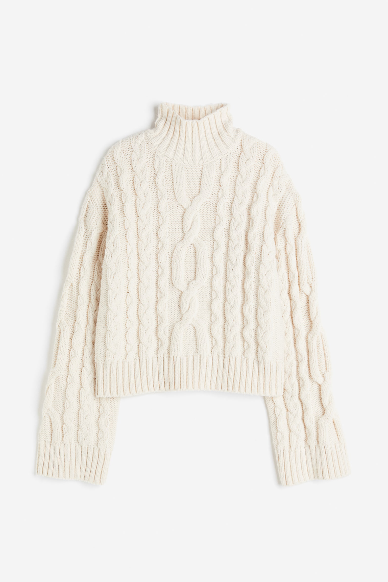 Cable Knit High Neck Sweater - Cream - 1