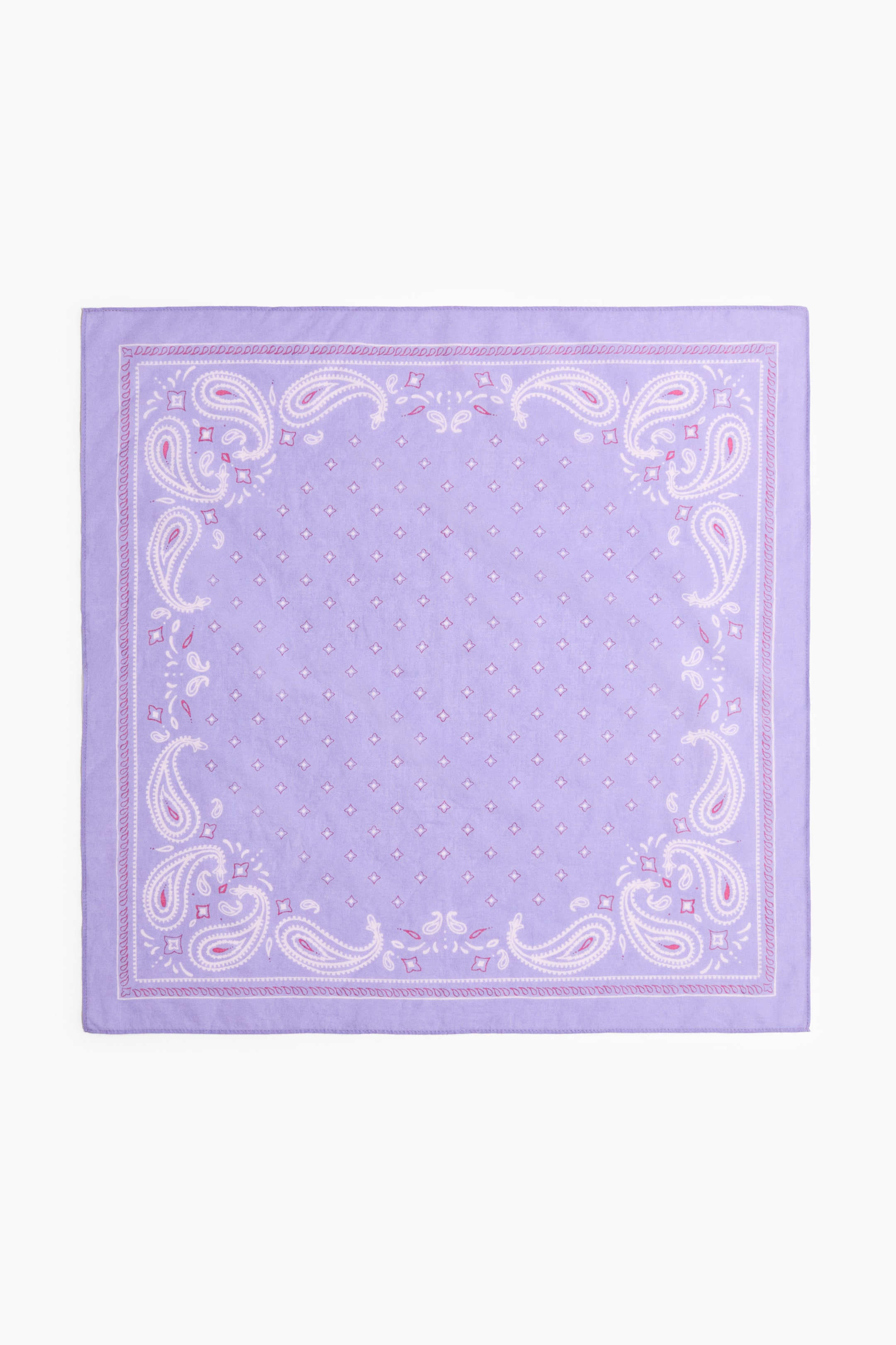 View larger image: A square scarf crafted from a cotton weave showcases its front in a light purple hue. It features a white and pink paisley border design, with the central area embellished with small, repeating diamond shapes.