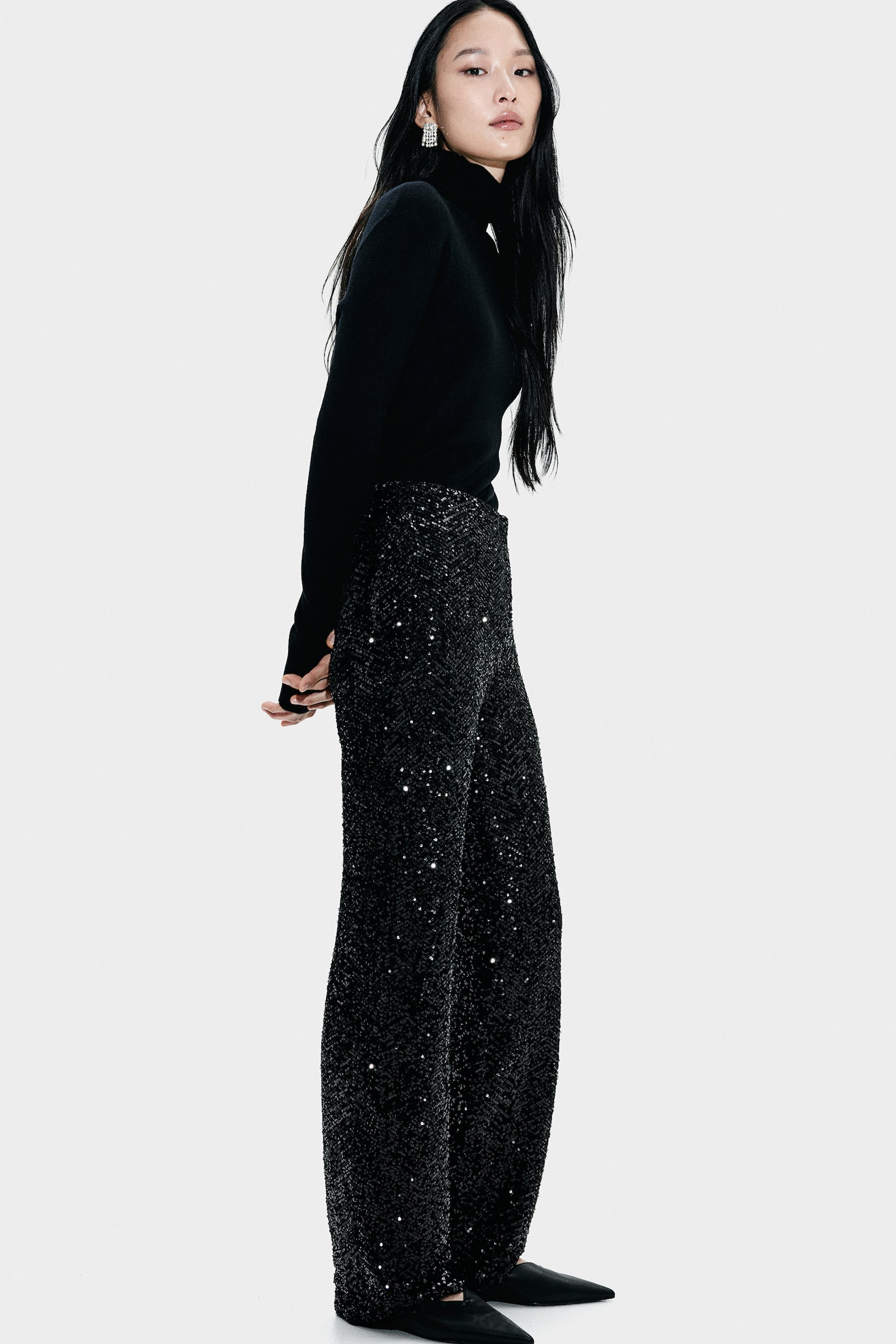 Sequined trousers - Black/Herringbone-patterned - 6