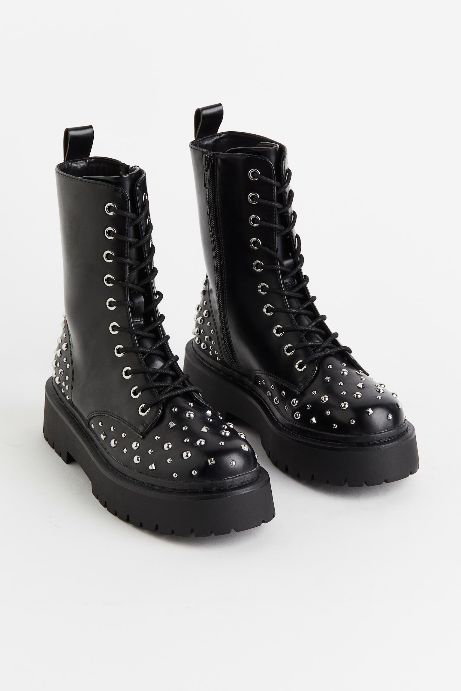 Studded Lace Up Boots - Black - 2