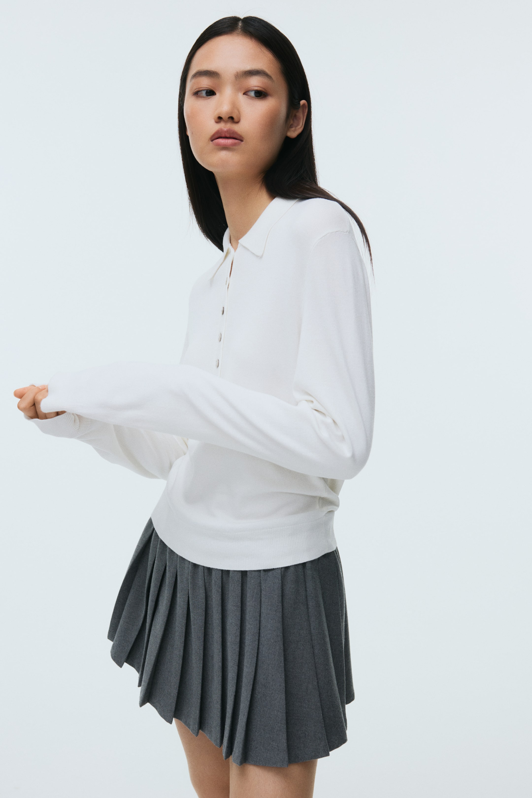 View larger image: Long-Sleeved Polo Shirt - White - Ladies | H&M US 1
