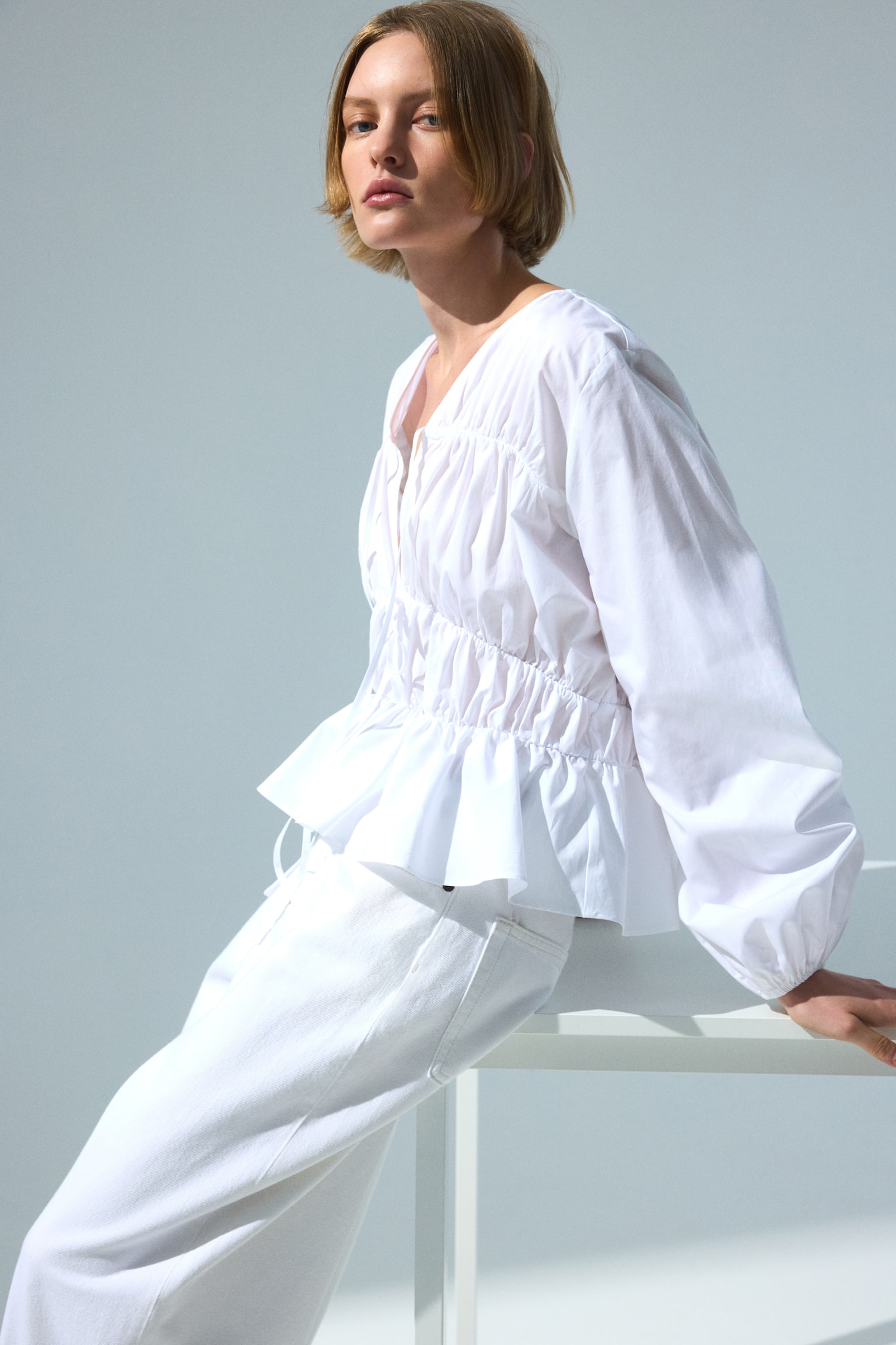 Drawstring poplin blouse - White - 4