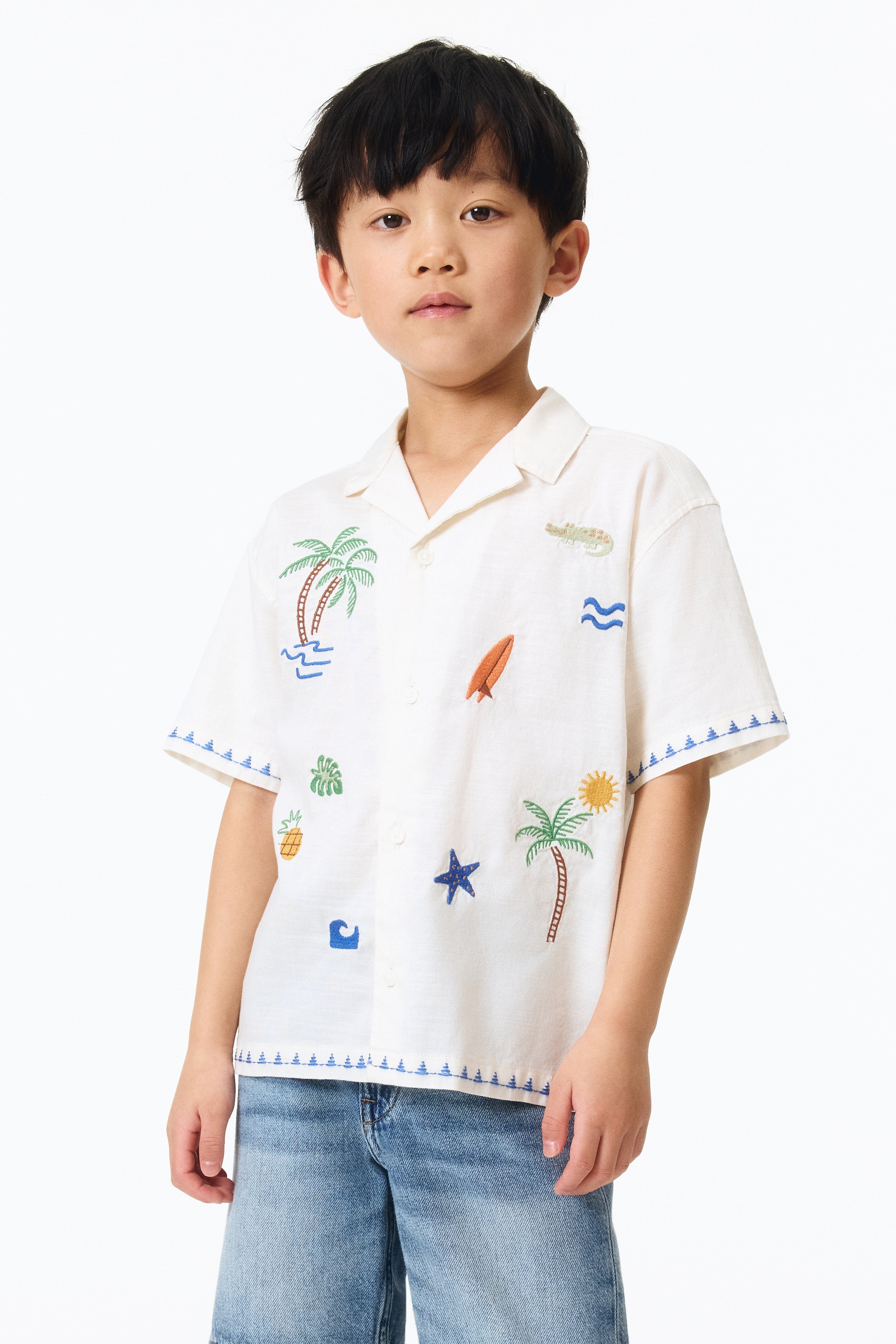 Cream/beach Embroidered Cotton Resort Shirt for kids | H&M CA