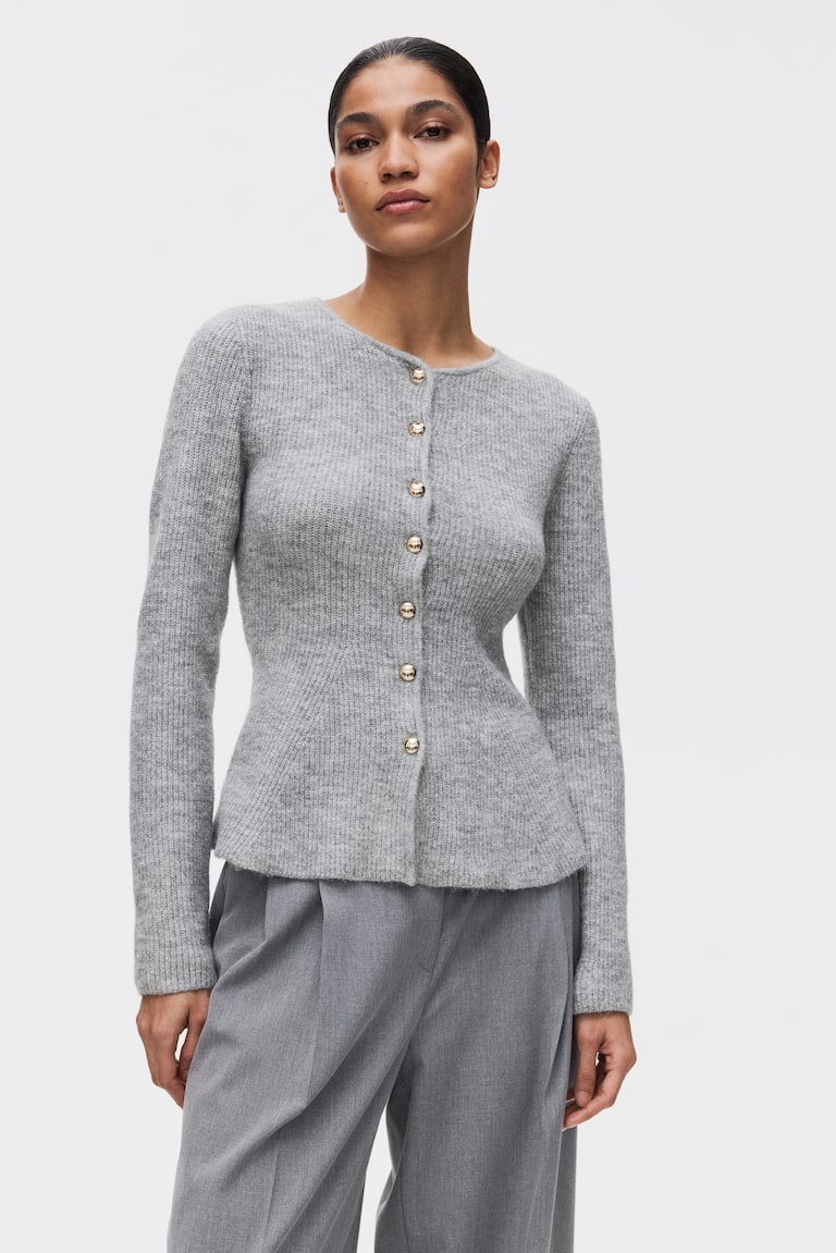 Rib-Knit Peplum Cardigan Light gray melange Ladies H&M US
