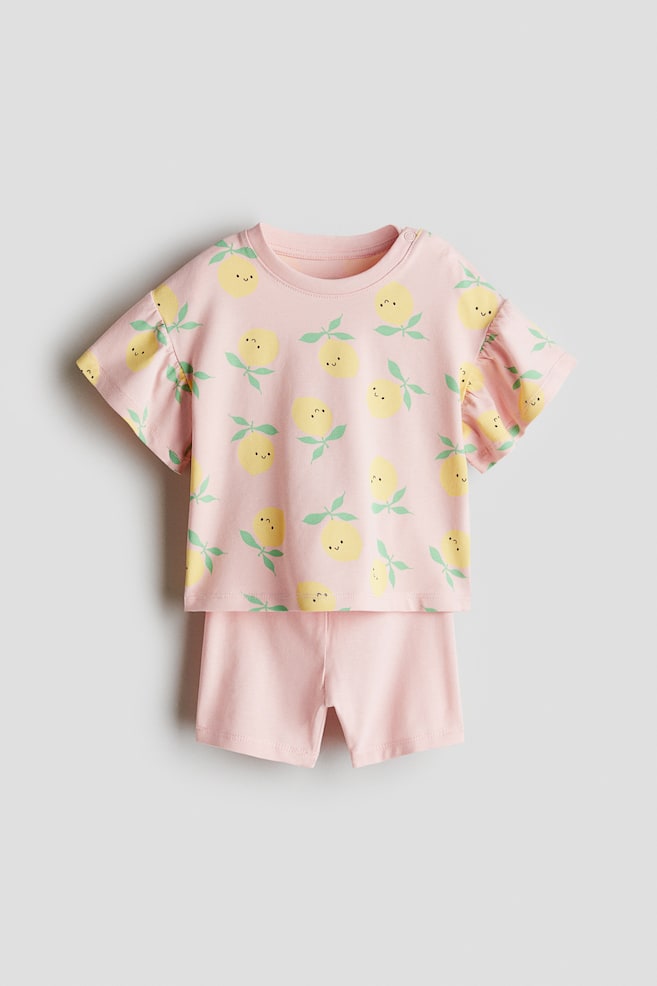 2-delt sæt i bomuldsjersey - Lys rosa/Citroner/Brun/Dyr - 1