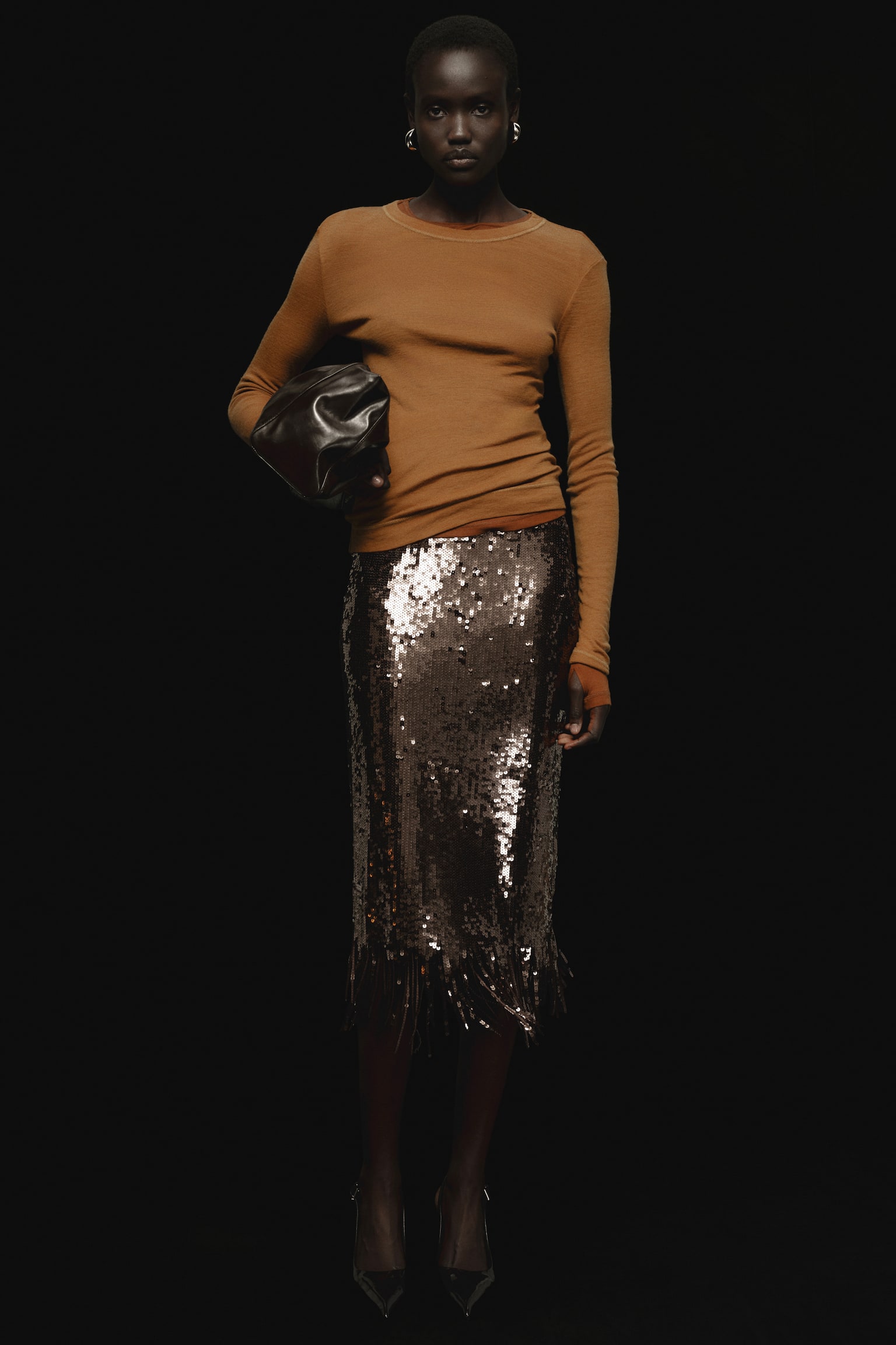 Fringe-trimmed sequined skirt - Dark brown - 1