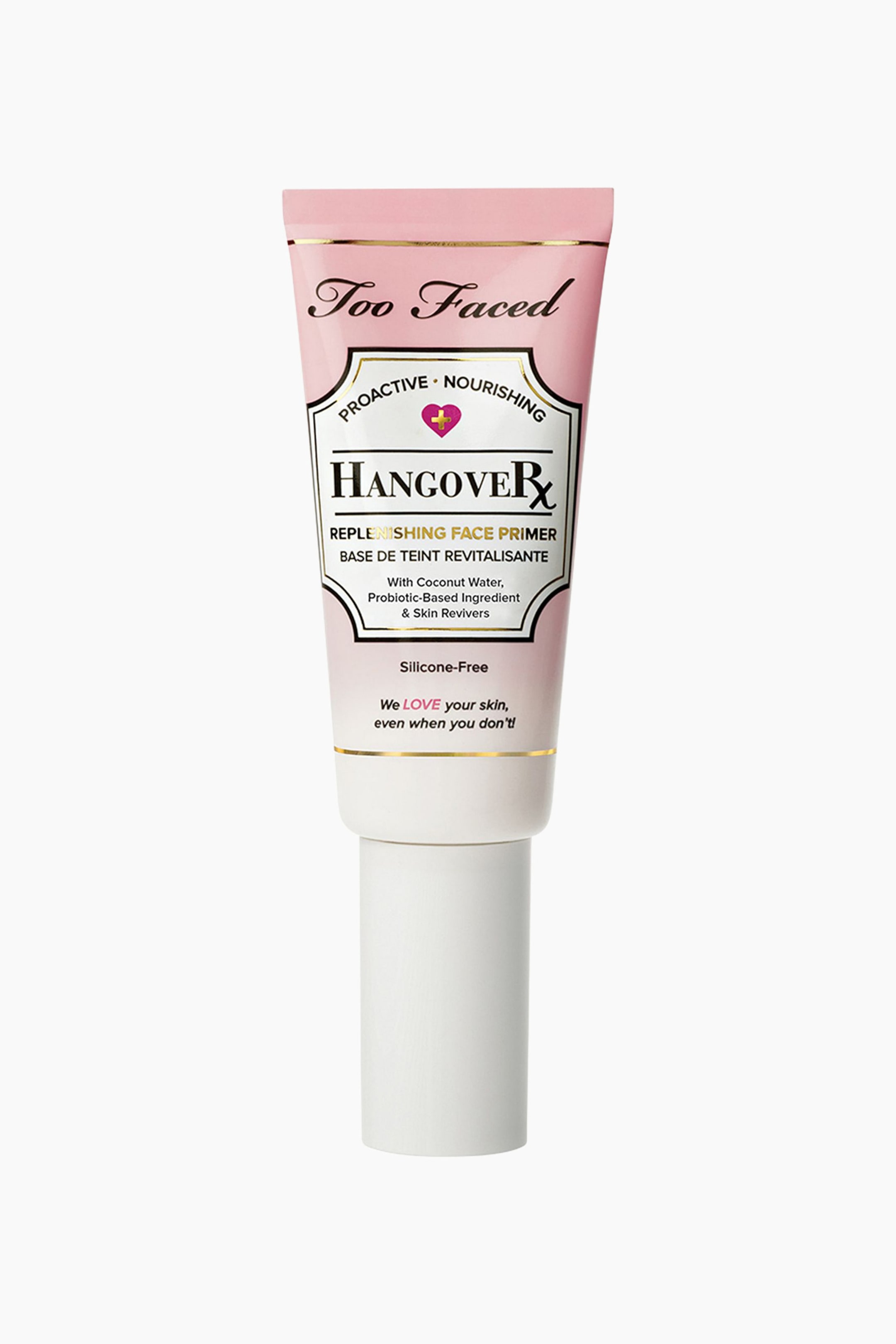 Visa större bild: En rosa Too Faced HangoverRx Replenishing Face Primer-tub står upprätt, vänd framåt. Den visar en vit etikett med "HangoverRx" i svart text, "Proaktiv näring" och detaljer inklusive "Med kokosvatten, probiotikabaserad ingrediens & hudförnyare," allt markerat med guldkant och avslutas med en vit skruvkork.