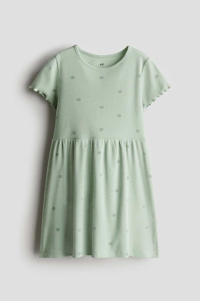 Jurk van ribtricot - Groen/stippen/Roze - 1