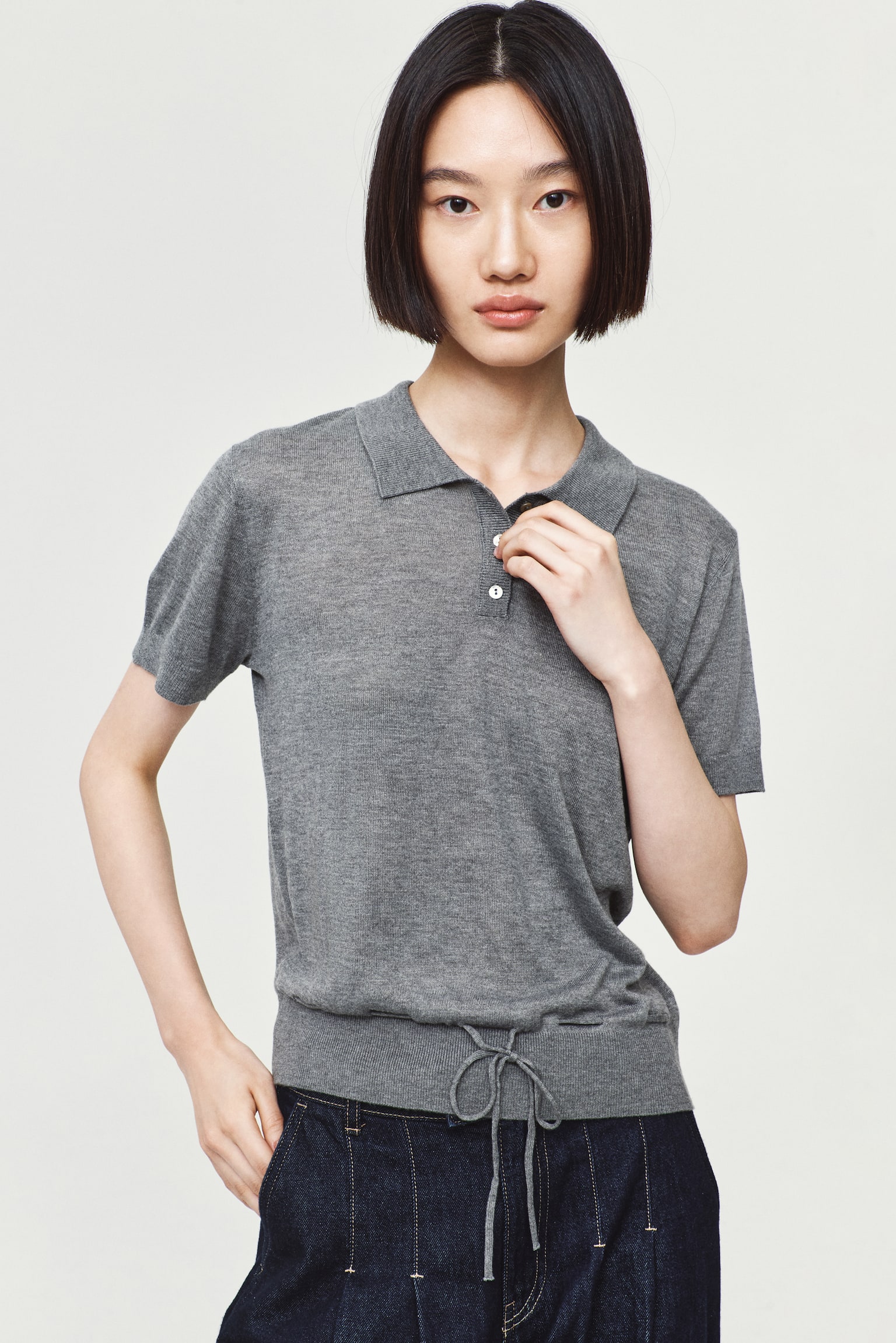 Drawstring polo shirt - Grey marl/Light yellow - 1