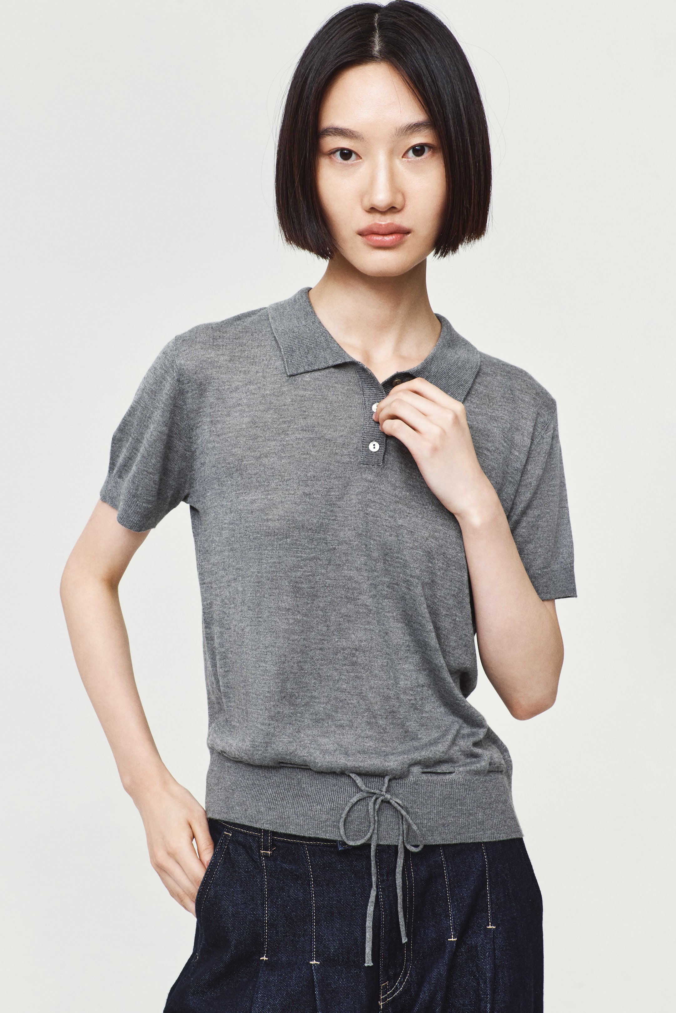 Xem ảnh lớn hơn: Áo polo có dây rút - Màu xám đốm - Ladies | H&M VN 1