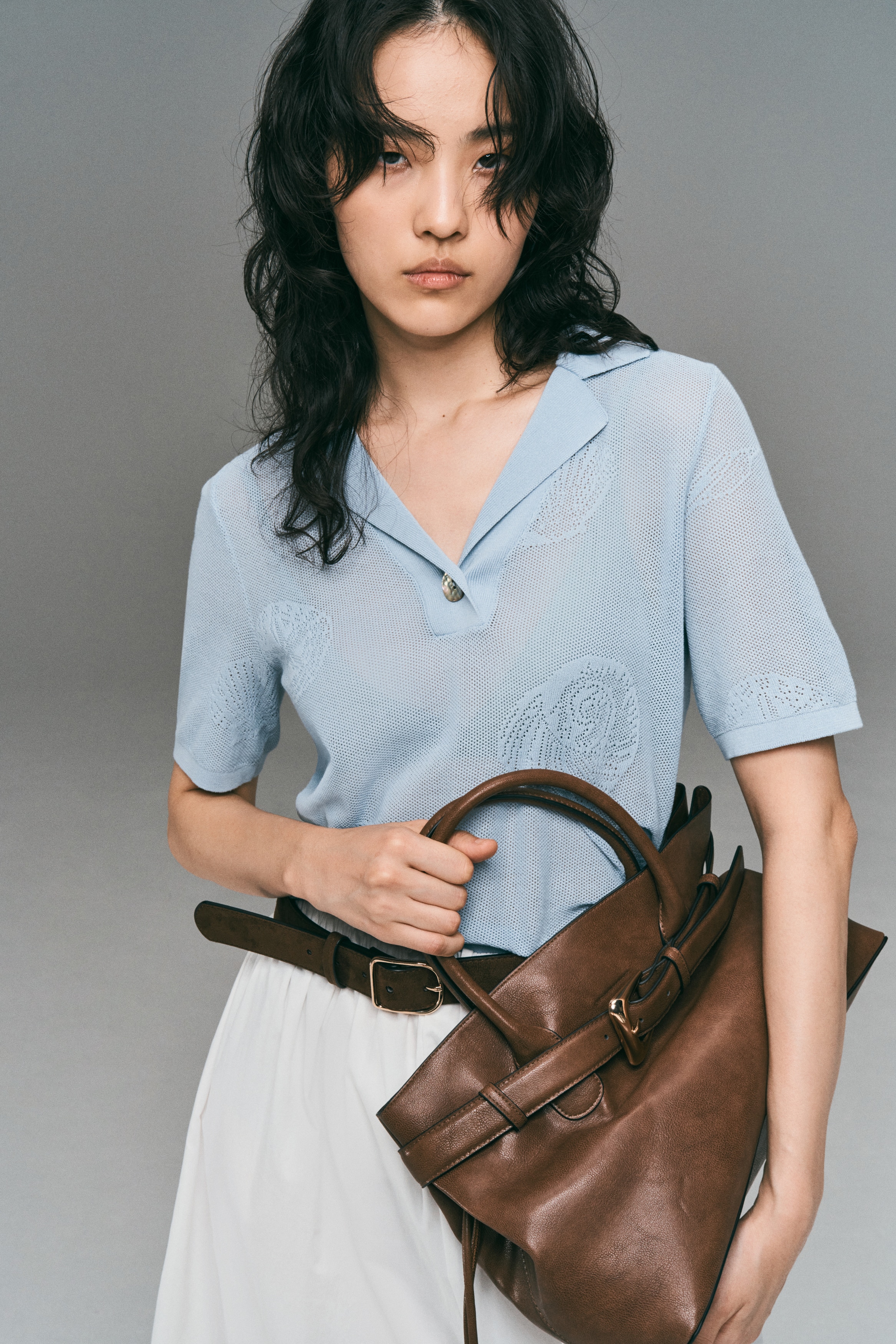 有領上衣 - 淺藍色/白色