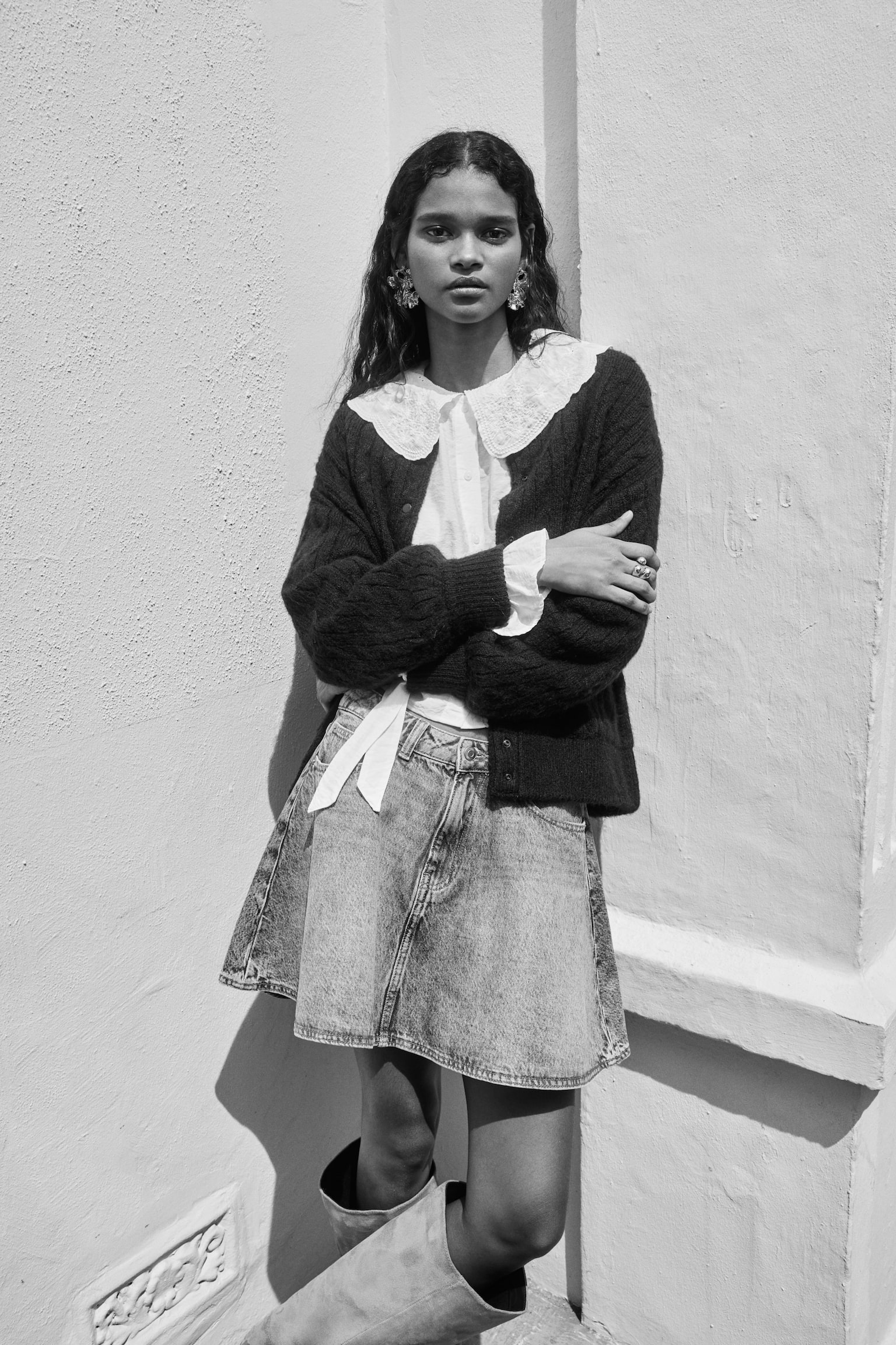 Cable-knit bomber jacket - Navy blue/Light grey marl - 6