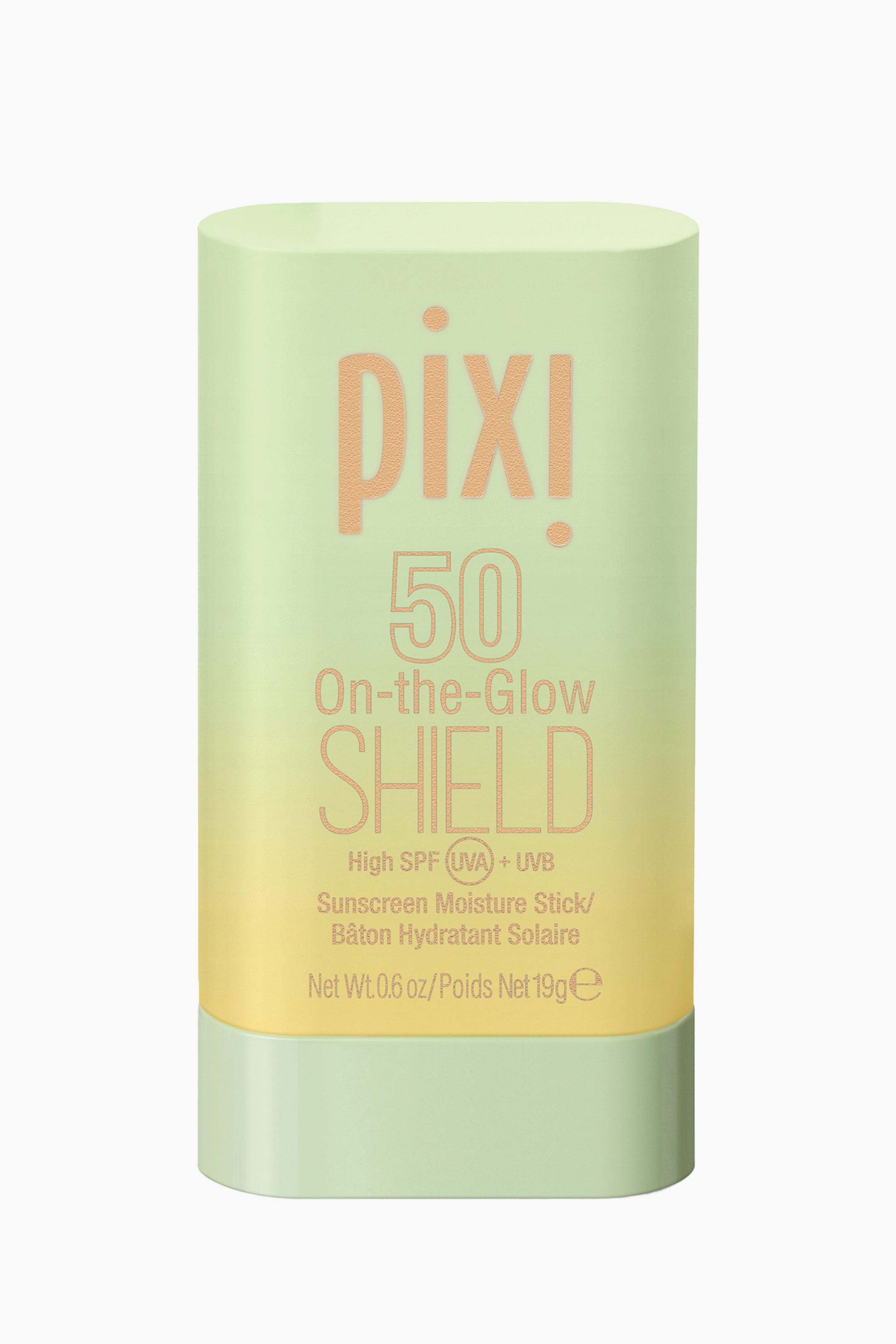 Visa större bild: En Pixi On-the-Glow Shield solskyddsstick står upprätt, vänd framåt. Den har en ombre-design som övergår från ljusgrön upptill till ljusgul nertill, med en ljusgrön bas. På sticket står det "pixi," "50," "On-the-Glow," och "SHIELD" i persikofärgade bokstäver.