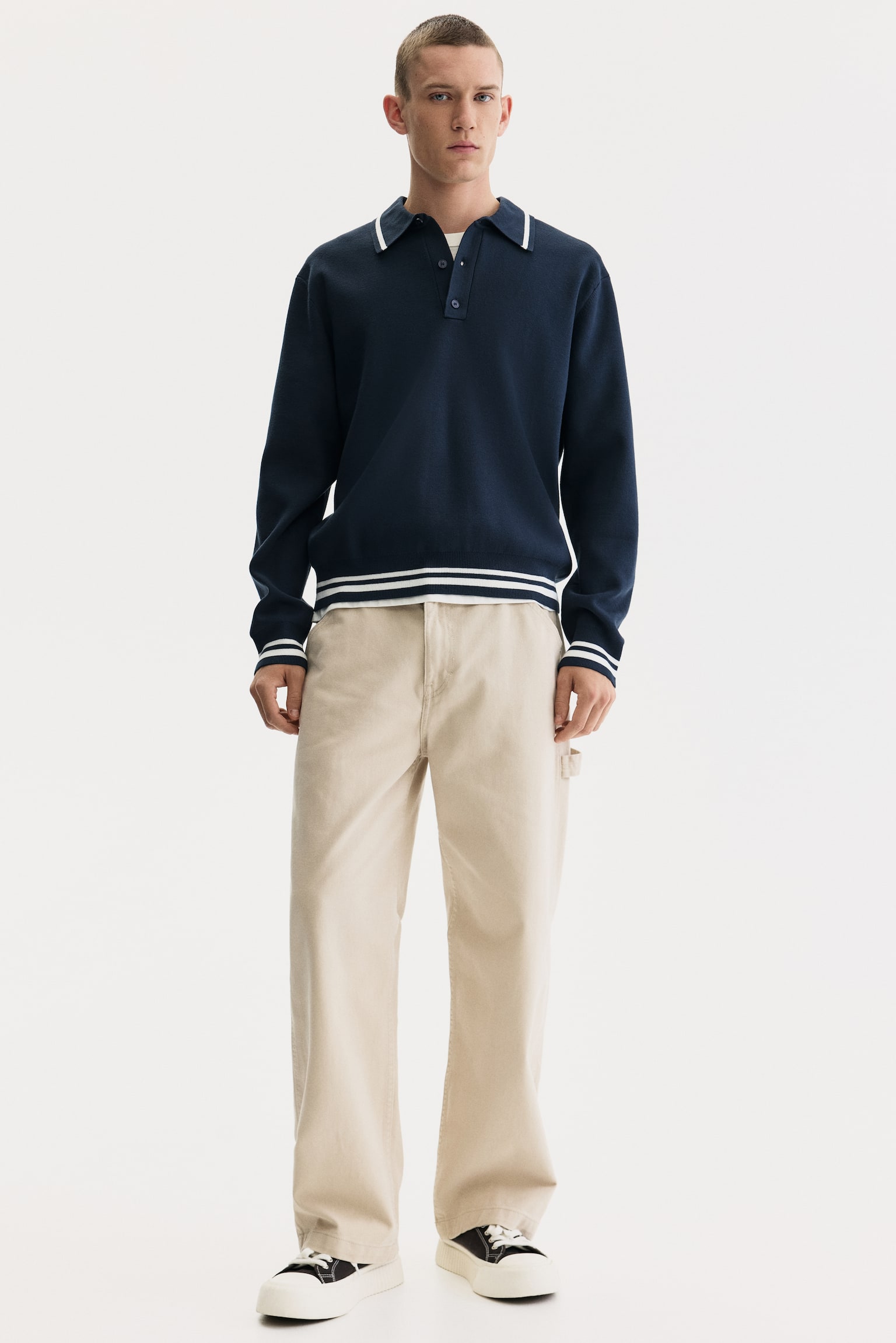 Loose Fit Fine-knit polo shirt - Navy blue - 3