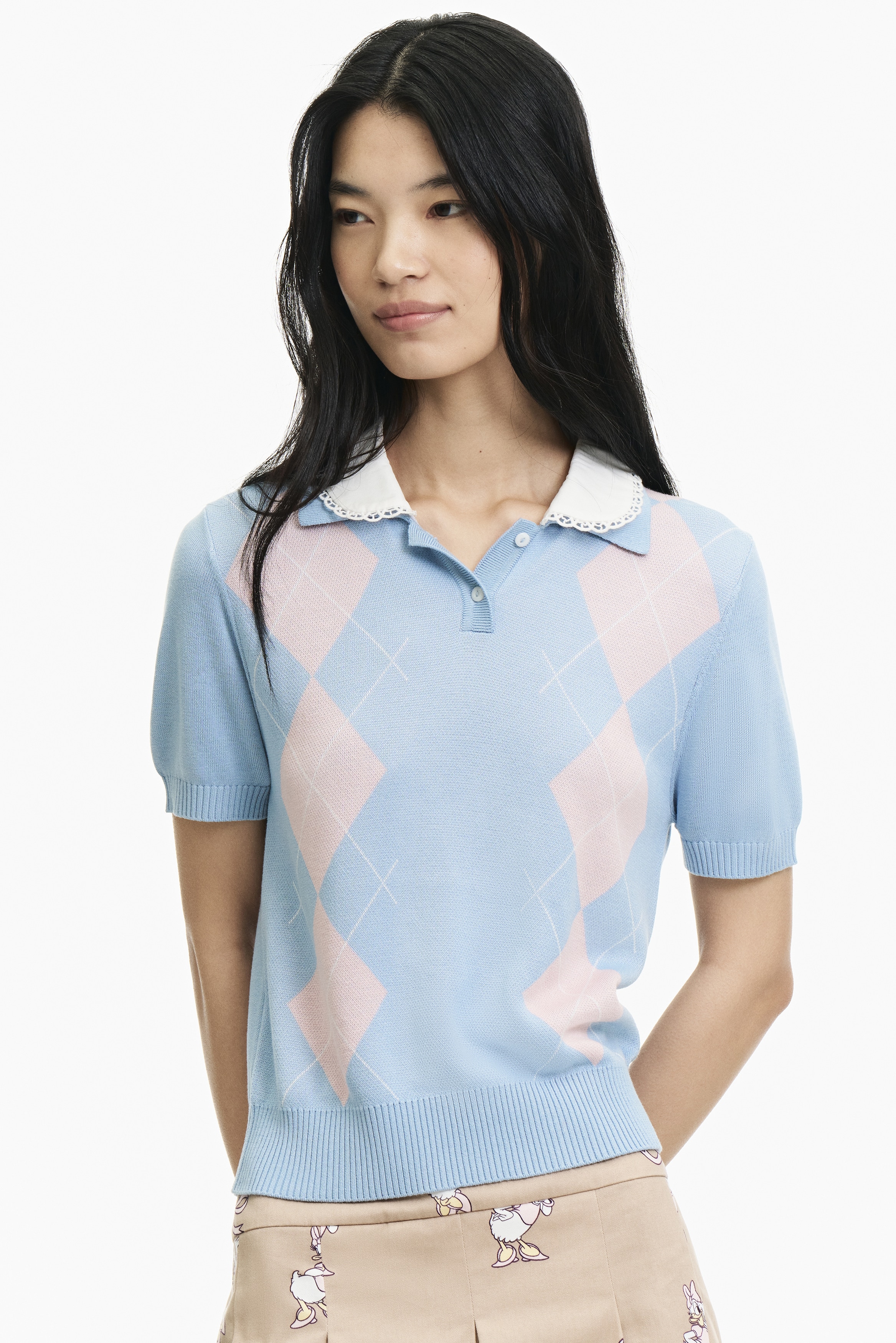 Layered-look polo shirt - Xanh dương/Hoạ tiết quả trám/Màu xám đốm/Màu kem