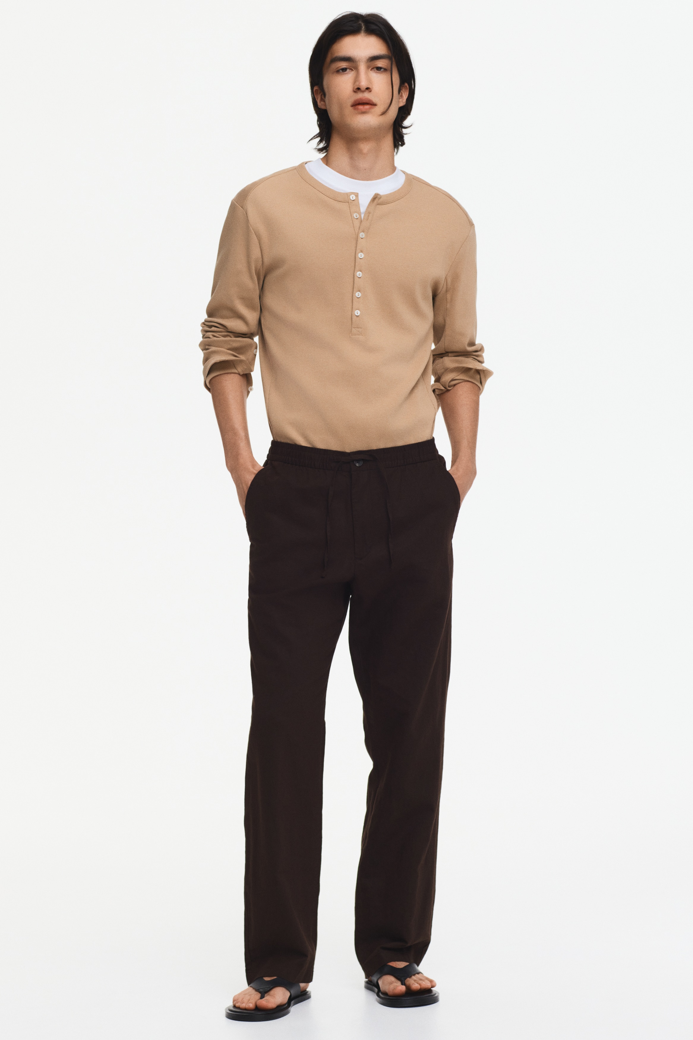 Byxa i linmix Regular Fit - Mörkbrun/Ljusbeige/Vit/Svart