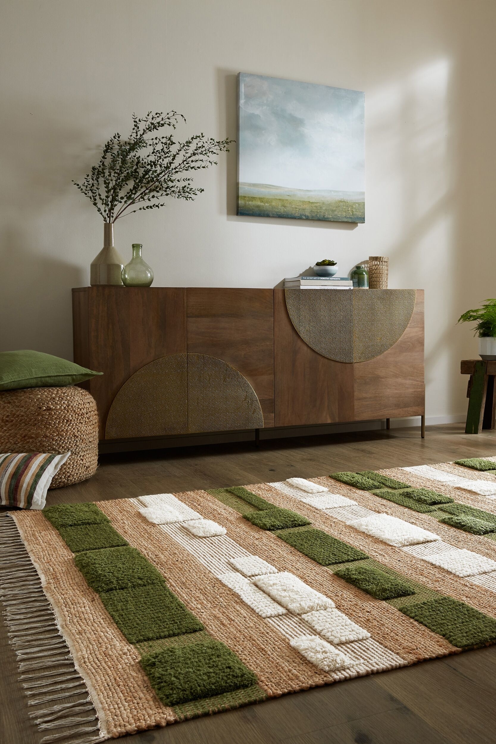 Medina Blocks Jute Blend Rug - Natural/green/Natural/mono