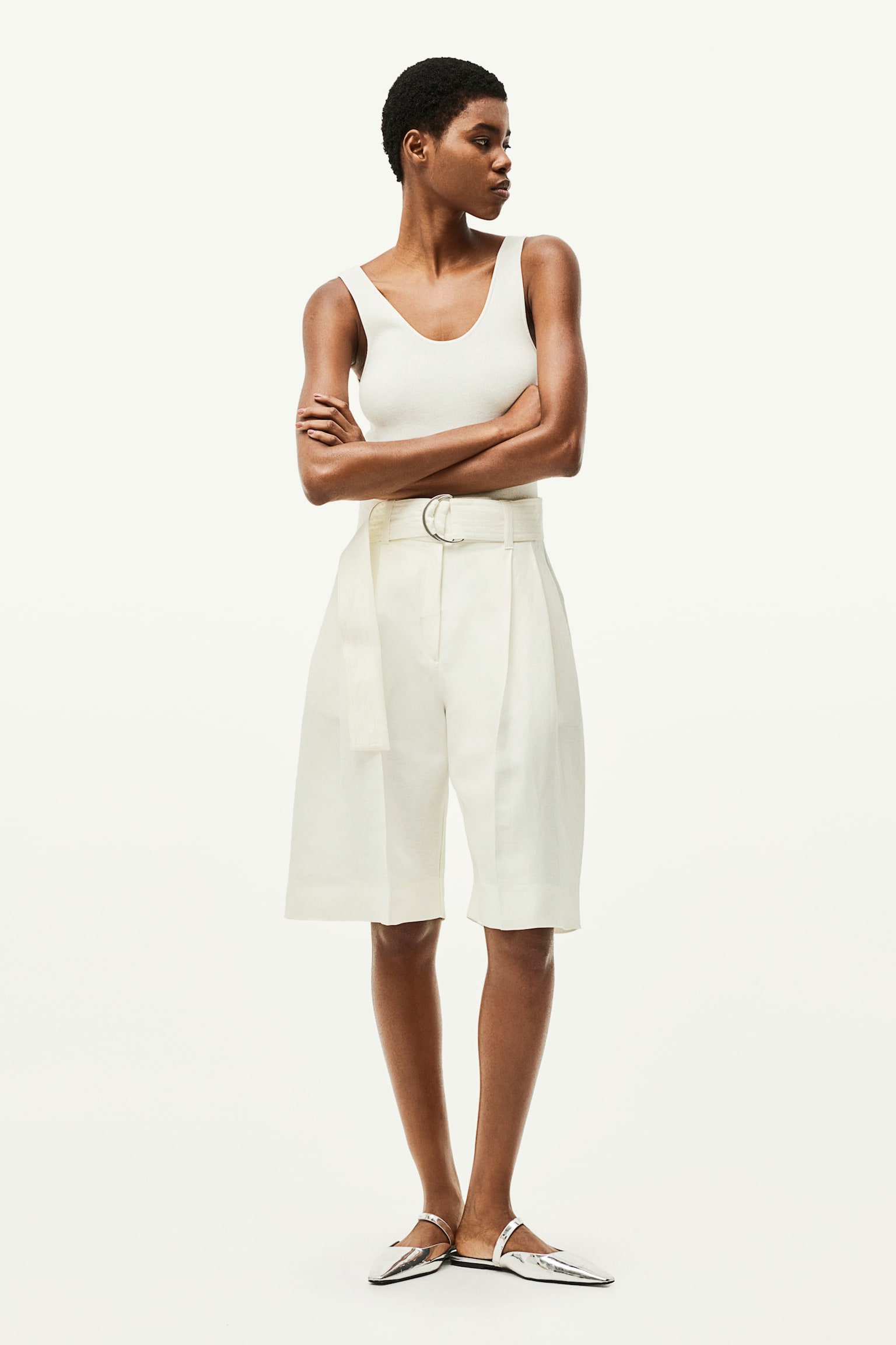 Linen Blend Belted Shorts - White - 1