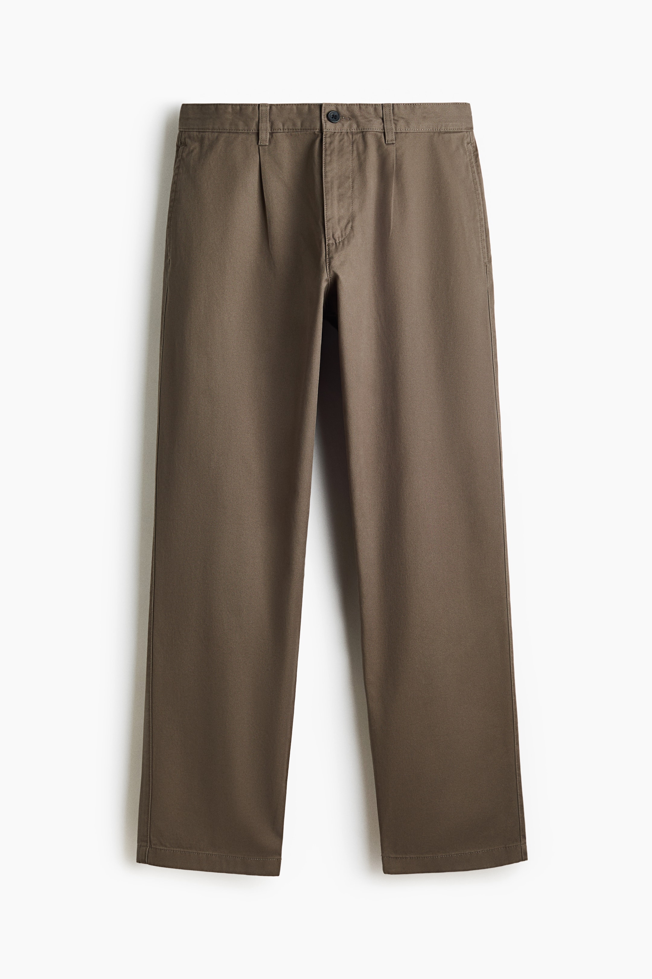 View larger image: Brown pants are shown from the front, featuring a button and zipper closure, belt loops, and single front pleats. The pants have a straight-leg fit with a plain hem.