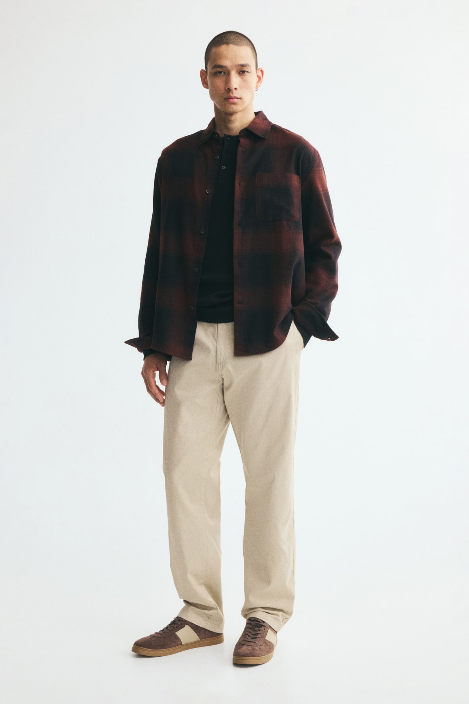 Мужская рубашка H&M Loose-Fit Flannel, цвет: Коричневый / Клетчатый — фото 5