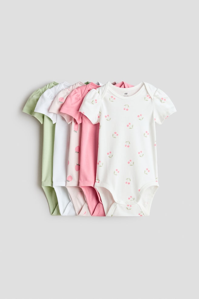 Pack de 5 bodies de algodón - Rosa/Bayas/Azul claro/Dinosaurios/Azul claro/Flores/Beige claro/Perros/Blanco/Animales/Rosa/Corazones/Rosa/Rayas/Verde claro/Frutas/Azul claro/Dinosaurios/Rosa/Corazones/Beige/Bunny/Azul/Anclas/Beige/Verde empolvado claro/Gris/Rayas - 1