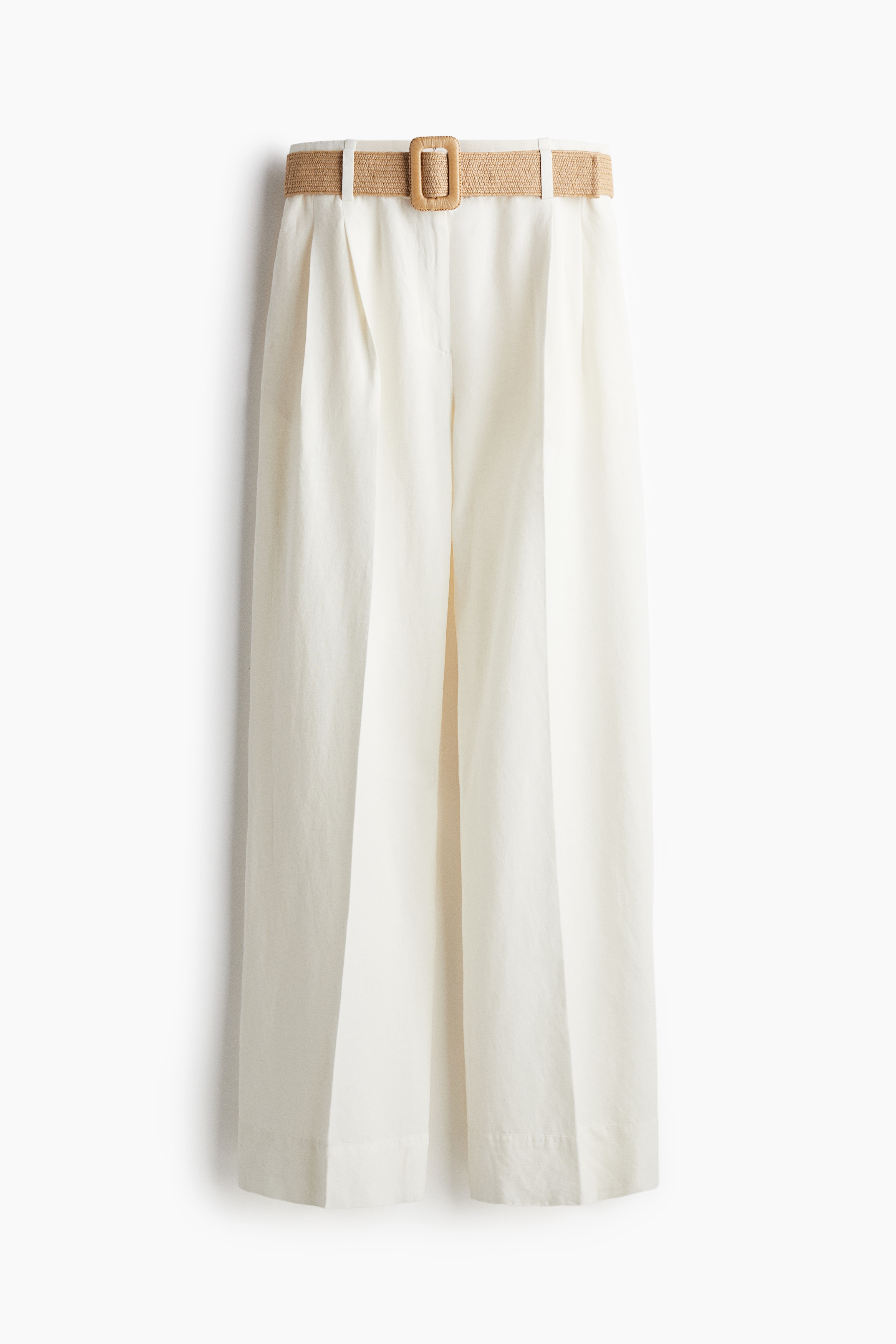 Pantaloni in misto lino con cintura - Bianco