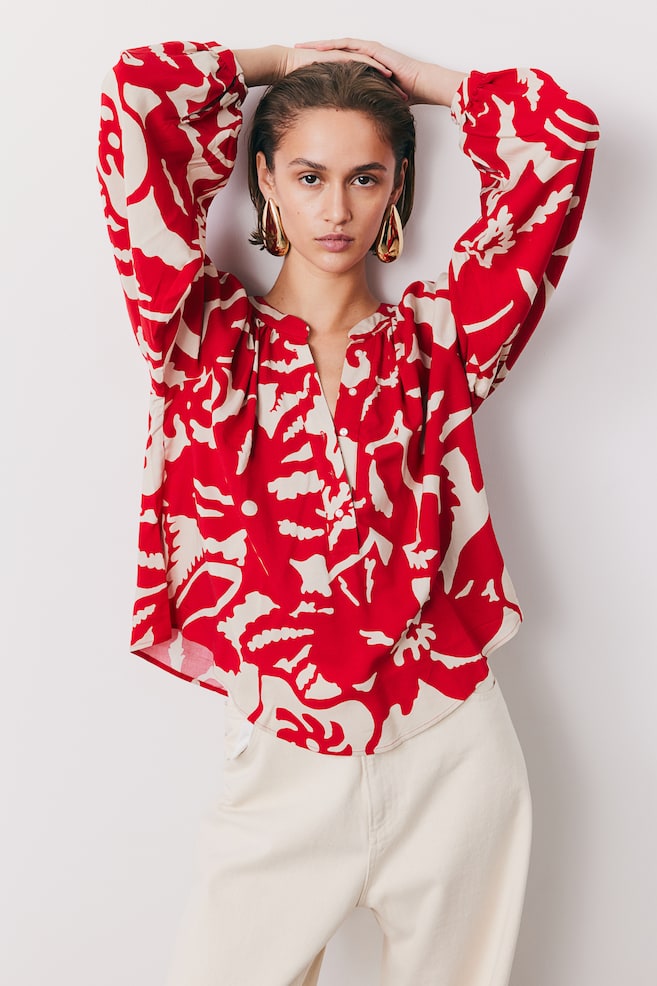 Balloon-sleeved blouse - Bright red/Floral - 3