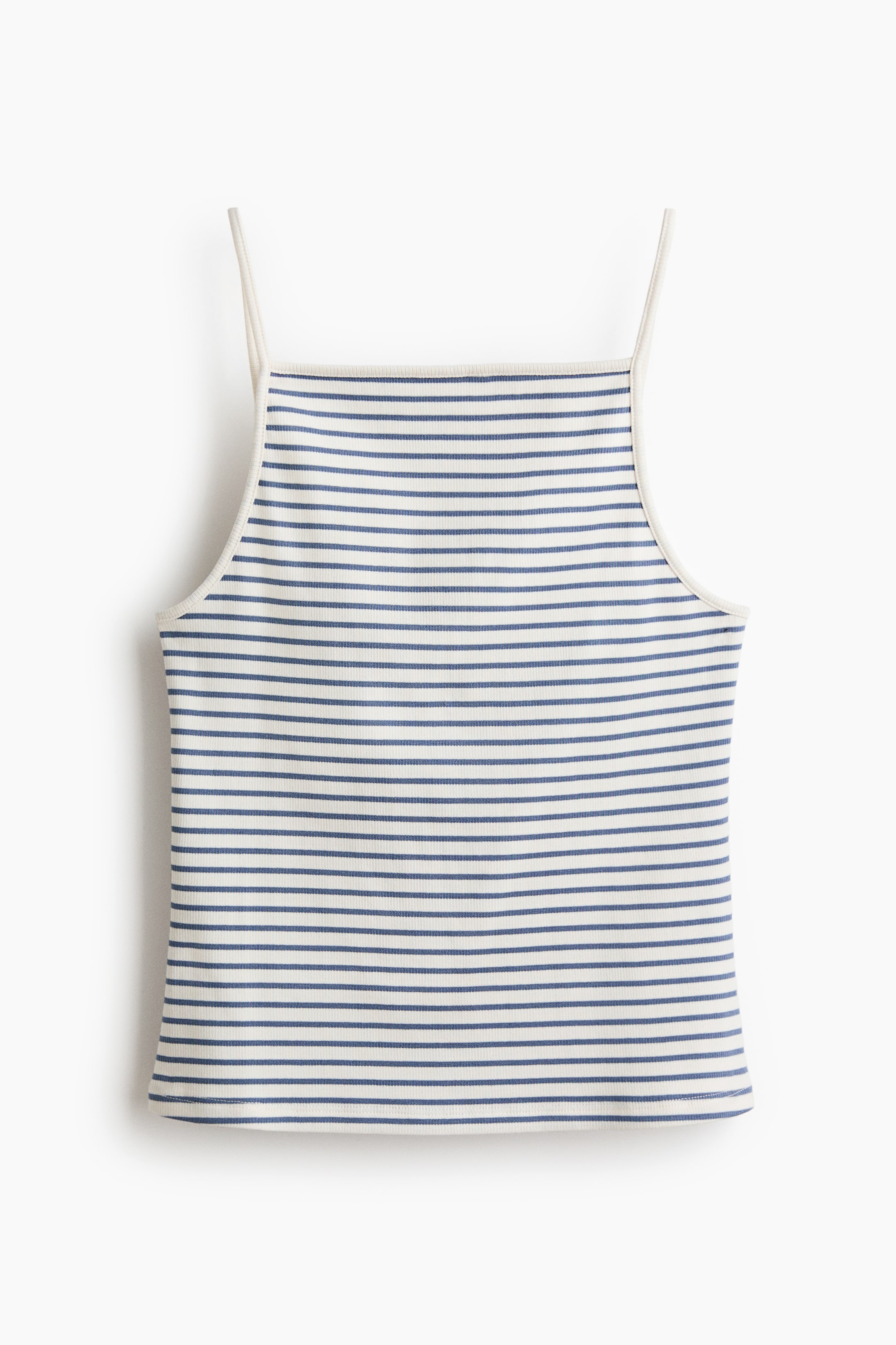 View larger image: A striped tank top is showcasing a front view, highlighting a white ribbed knit fabric with horizontal blue stripes. It includes thin spaghetti straps, a square neckline, and white binding trimming the neckline and armholes.