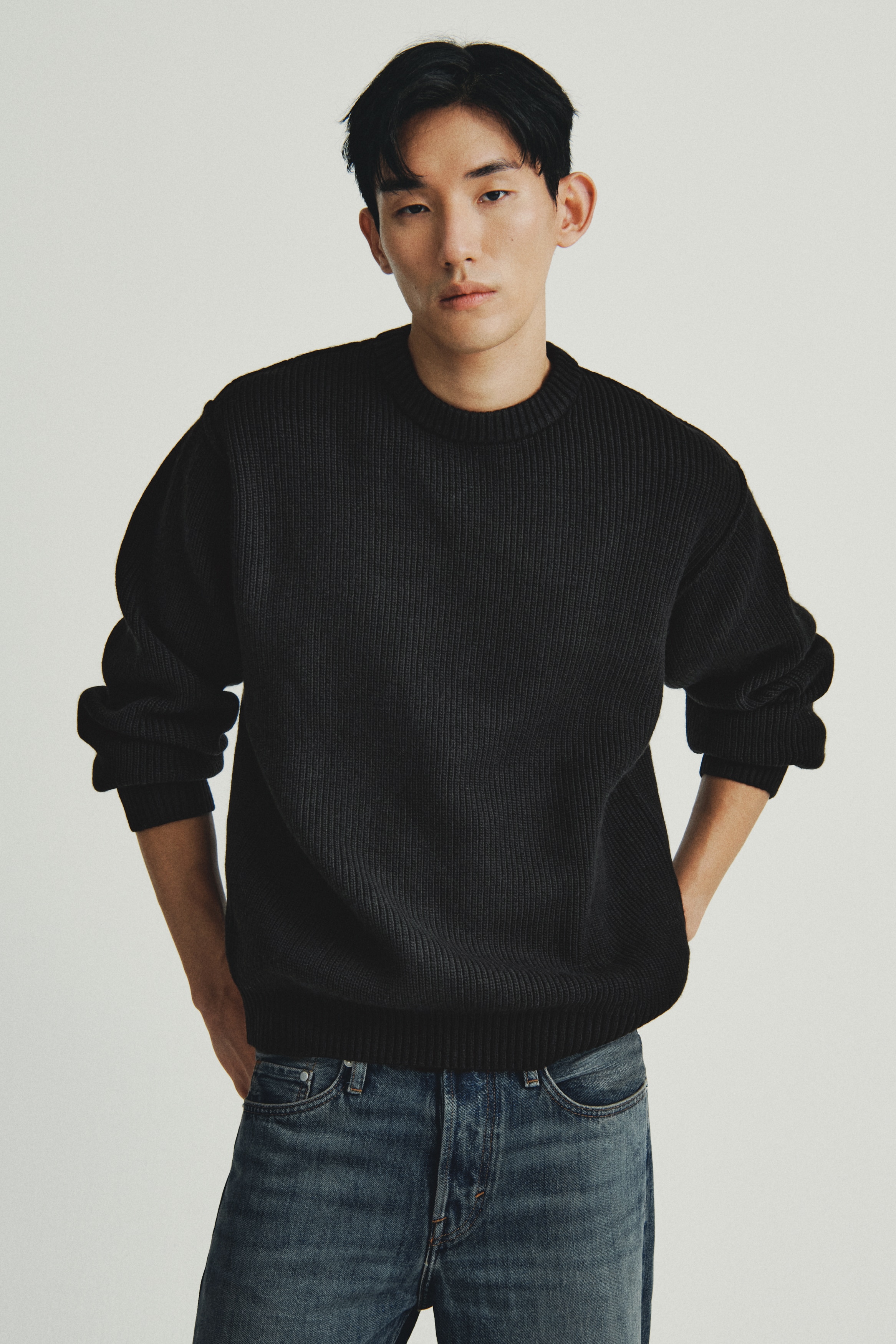 ルーズフィット リブニットセーター - ダークグレーメランジ - Men