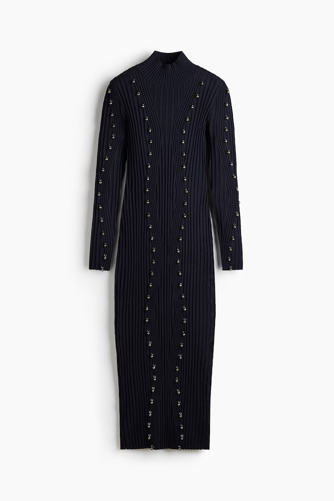 Bead-embellished rib-knit dress - Navy blue - 1