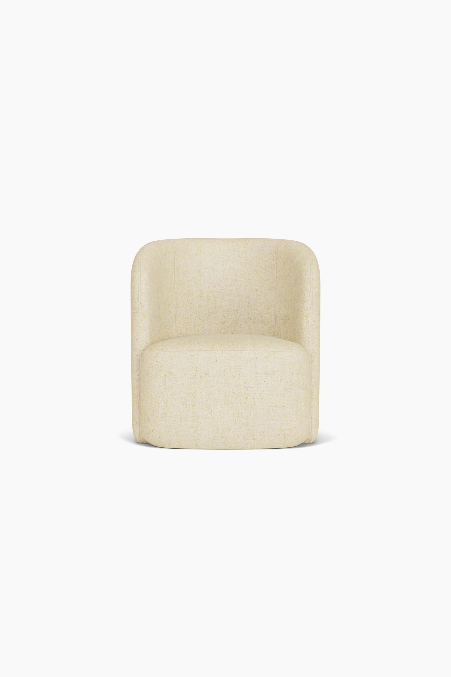 Un fauteuil tonneau rembourrÃ© de couleur crÃ¨me est prÃ©sentÃ© lÃ©gÃ¨rement orientÃ© vers la gauche, mettant en valeur son dossier incurvÃ© qui se prolonge pour former des accoudoirs intÃ©grÃ©s. Le fauteuil est recouvert dâun tissu tissÃ© texturÃ© blanc cassÃ© sur son assise Ã©paisse et arrondie, ainsi que sur sa base cylindrique.