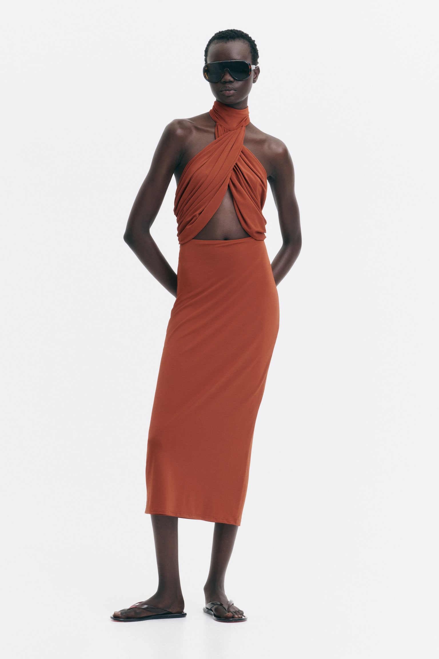 Twist-detail cut-out dress - Палений помаранчевий - 1