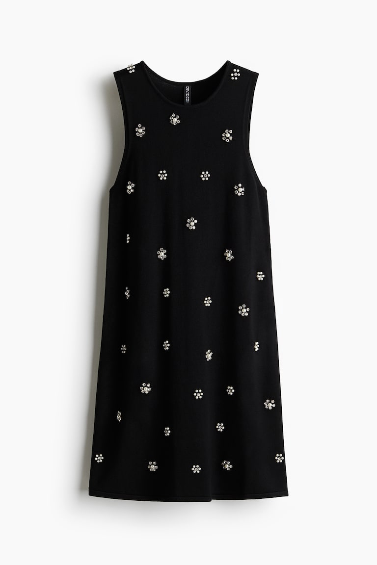Women's Black/flowers Embellished Fine-Knit Dress | H&M US