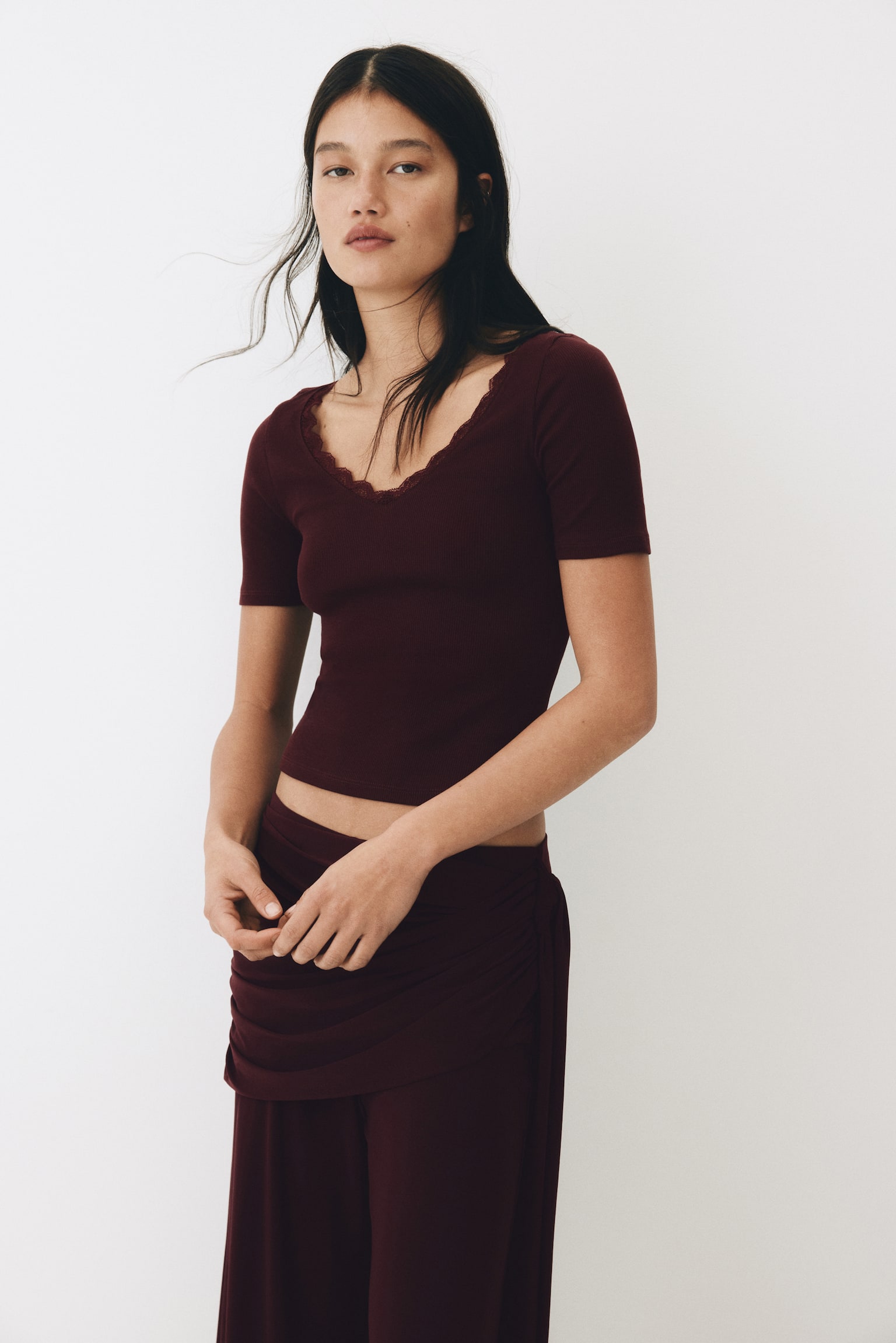 Tričko z rebrovaného úpletu - Burgundská červená/Biela/Ružová - 4