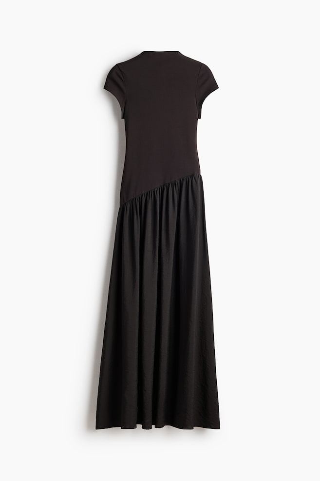 Asymmetric Dual-Fabric Dress - Black/Dark beige/Plum purple - 1