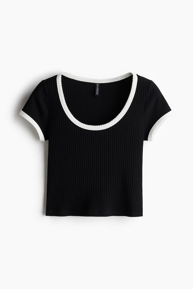Picot-Trimmed Ribbed T-Shirt - Black/Cream/Light blue - 1