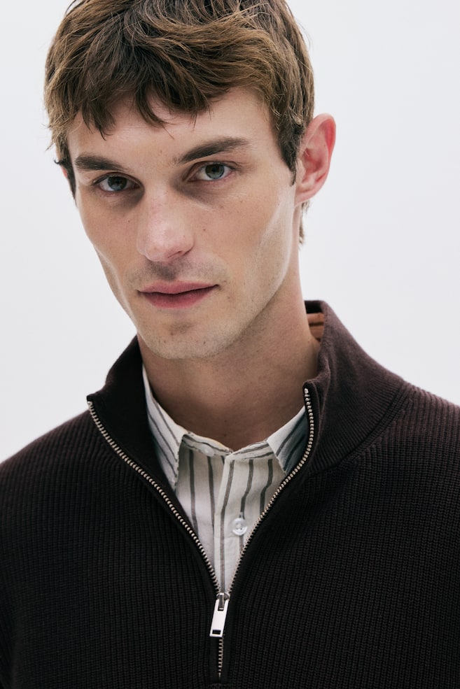 Regular Fit Half-Zip Sweater-Brown - 5