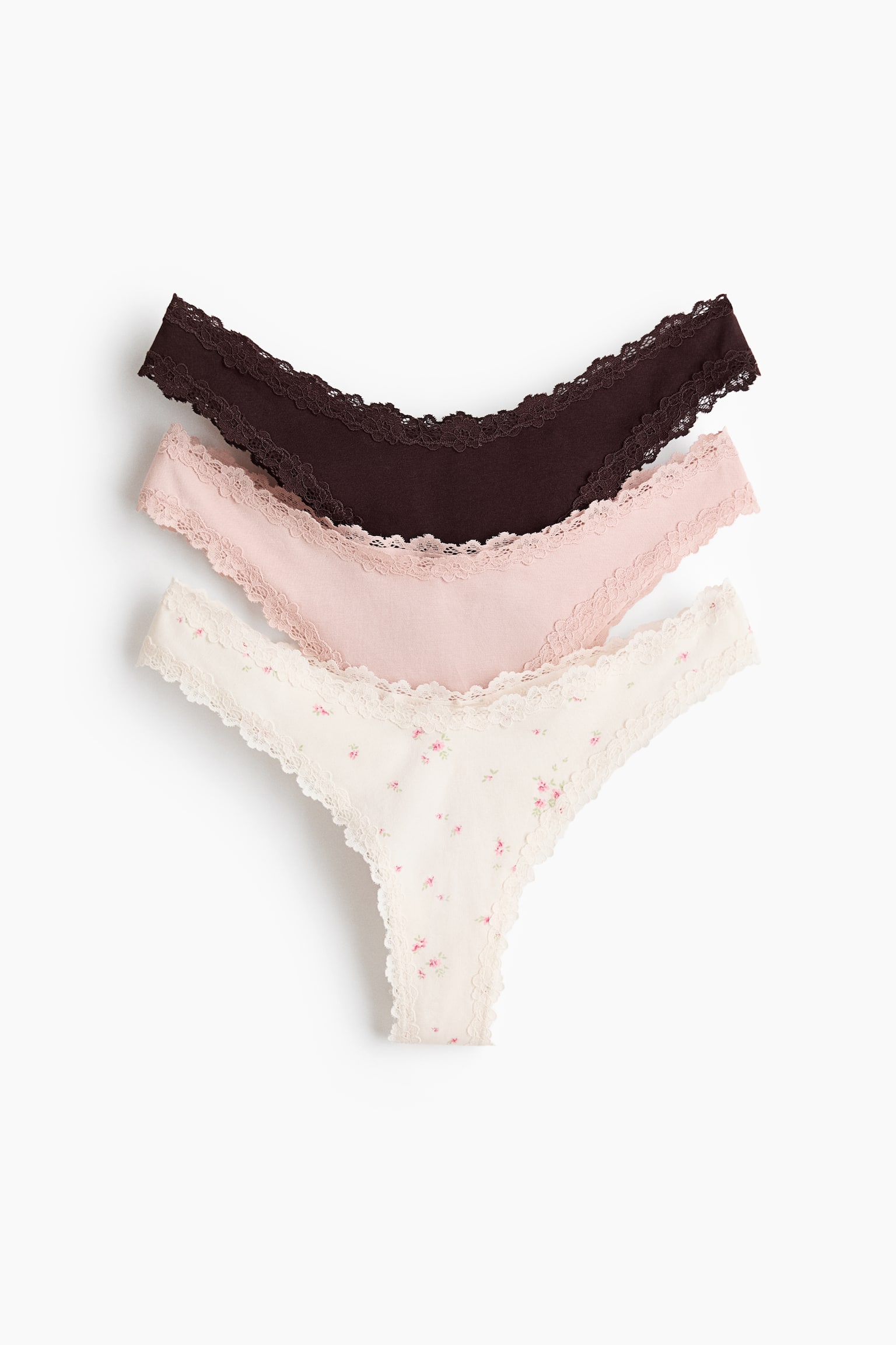 3-Pack Lace-Trimmed Brazilian Briefs - Black/light pink/floral/Light beige/cream/navy blue