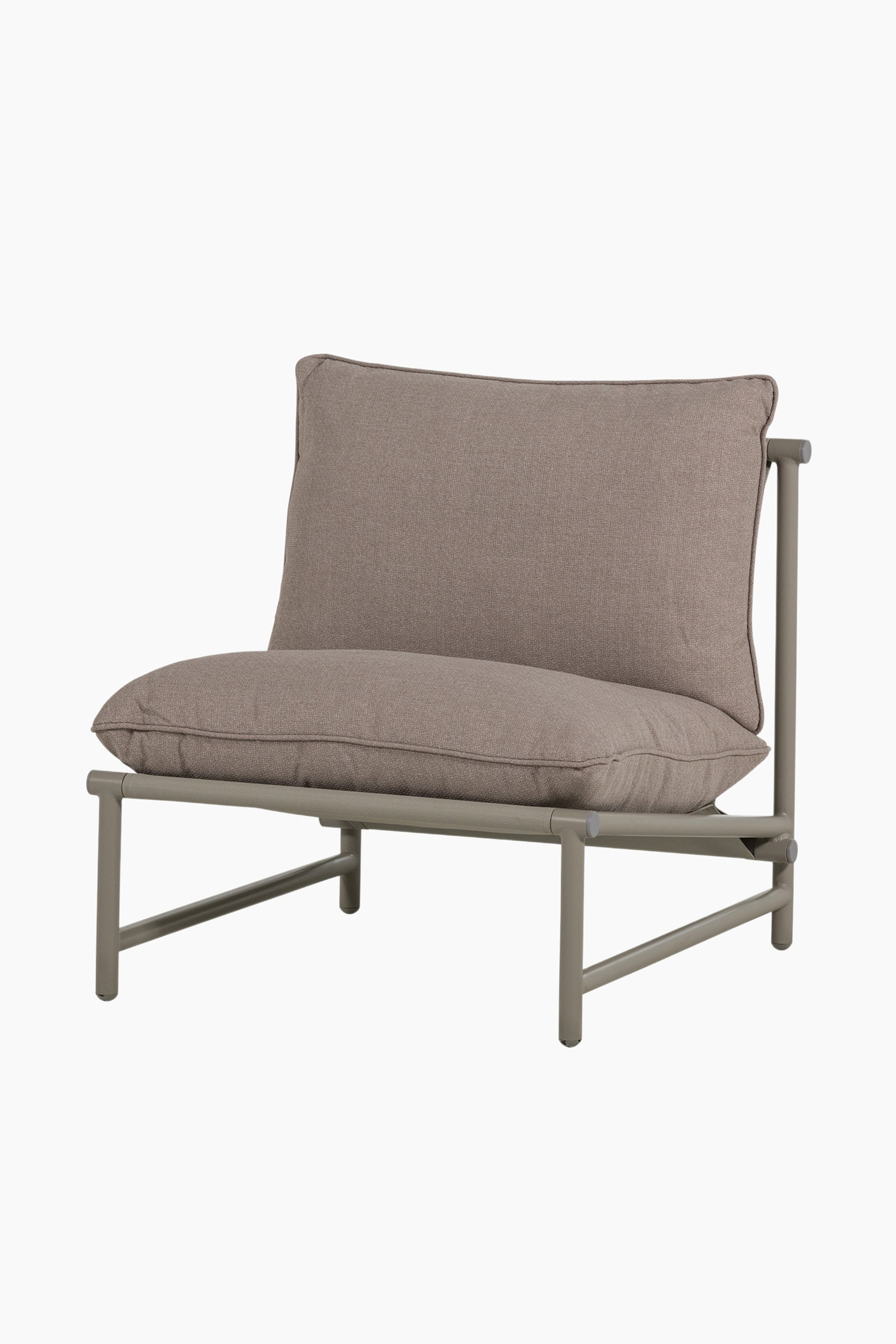 Zobacz większy obraz: Fotel wypoczynkowy z jasnoszarym, rurowym metalowym stelażem o otwartej konstrukcji, wspierający miękkie poduszki siedziska i oparcia w nieco ciemniejszym, tkanym szarym materiale, nachylony w prawo.